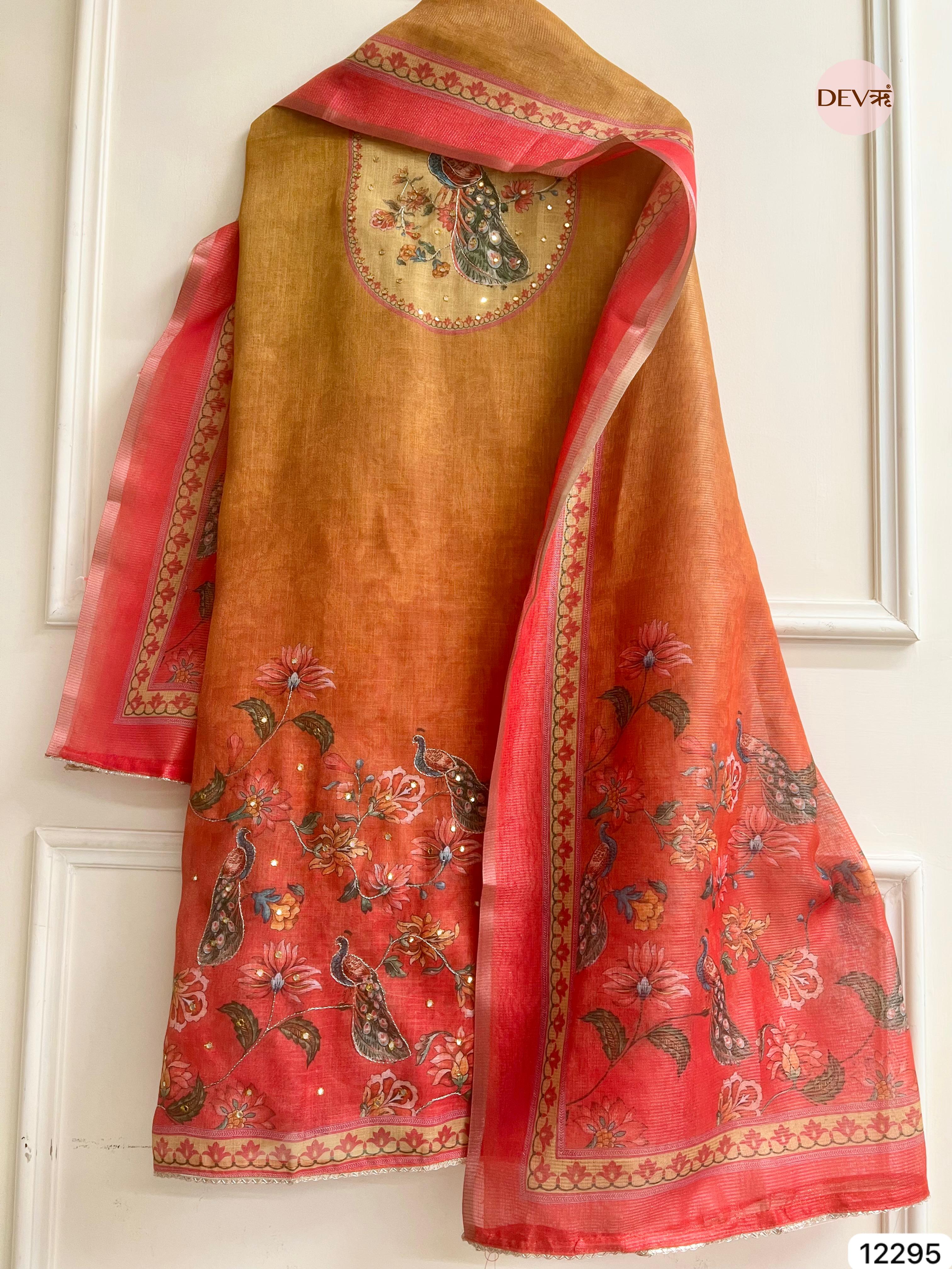Mustard Red Linen Printed Unstitched 3-Piece Suit (Devri – D.No 12295)