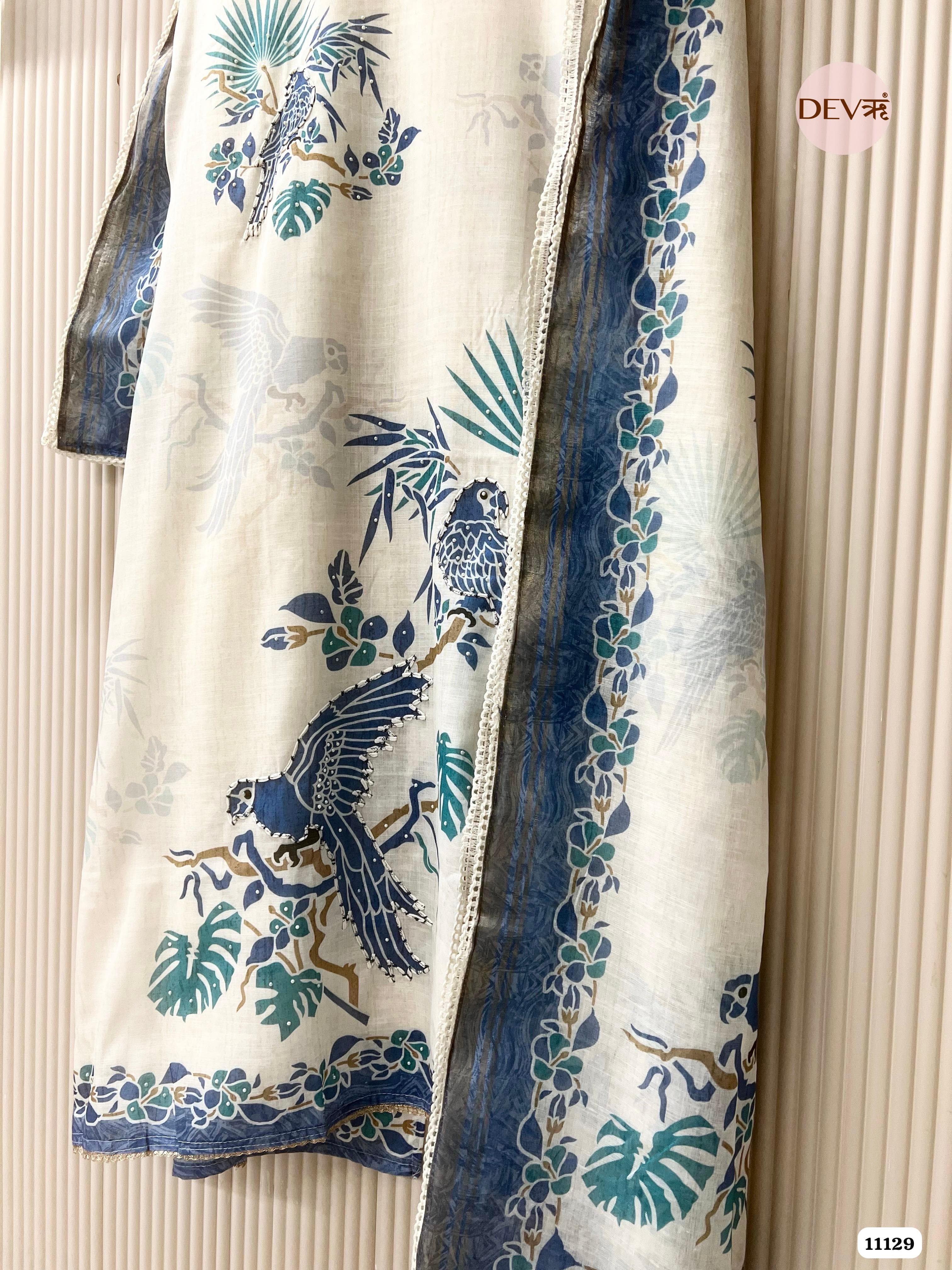 White Linen Printed Unstitched Hand Emboidered-Set Of 3