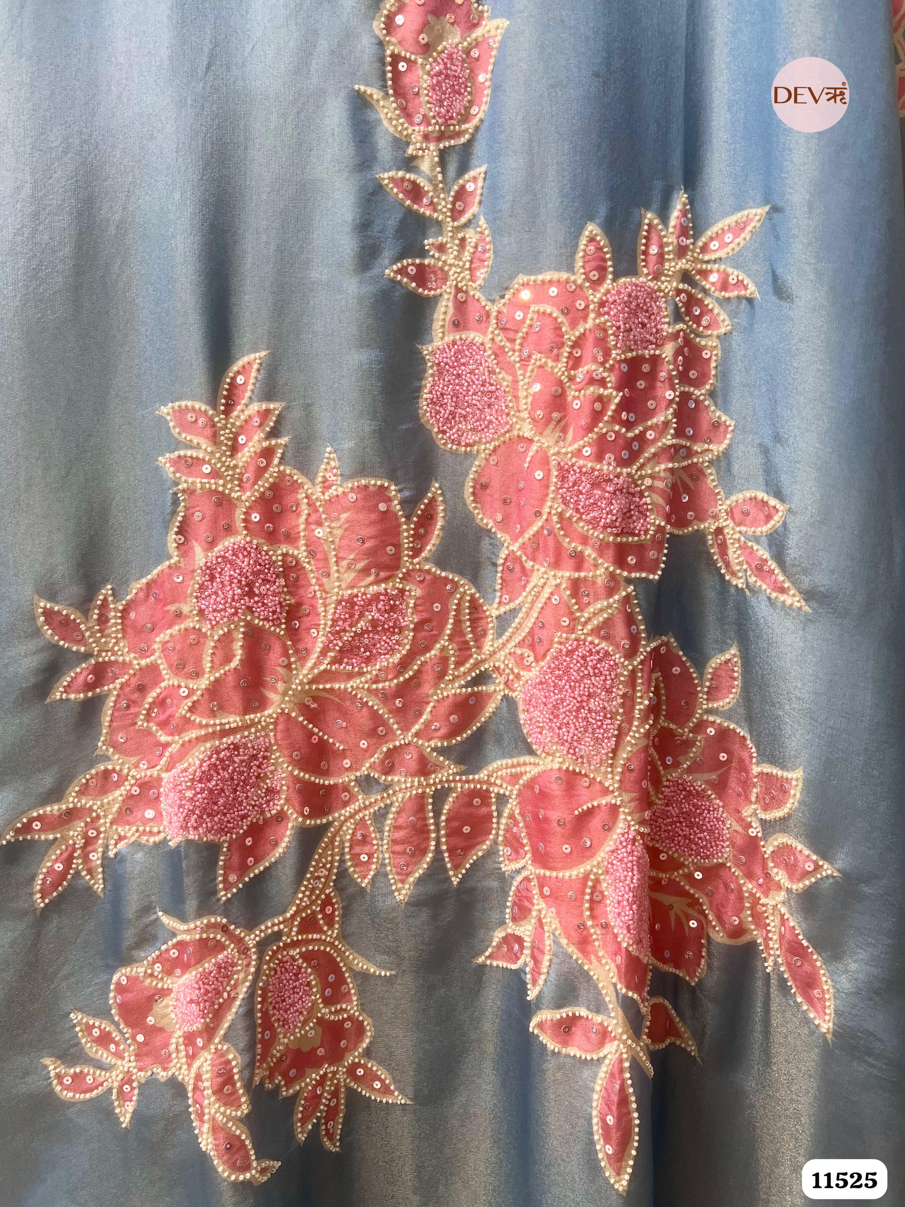 Blue Tissue Silk Semi stitched Printed Embroidered -Set Of 3 - {11525}