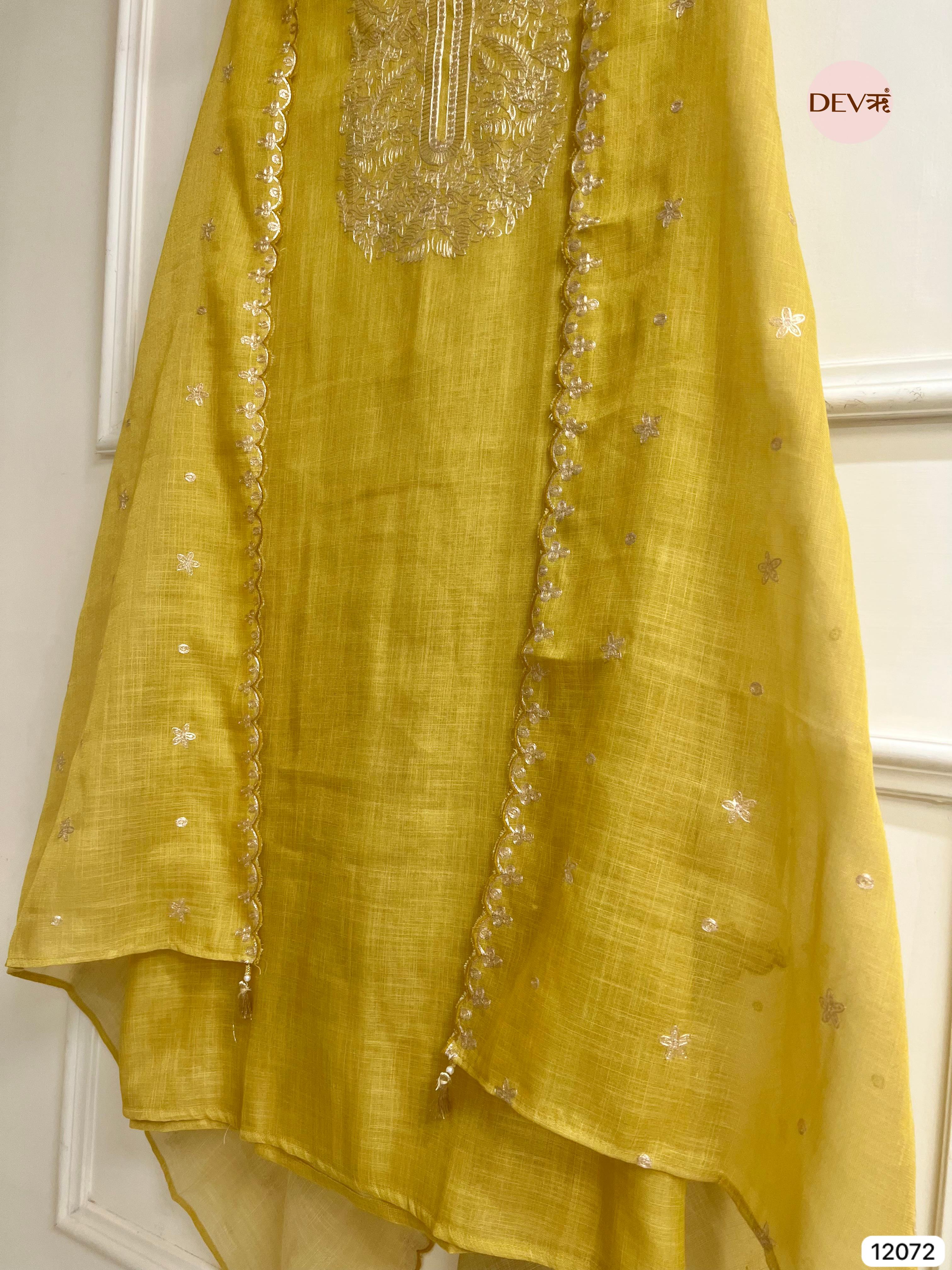 Yellow Pure Linen Unstitched Zardosi Embroidered -Set Of 3 - {12072}