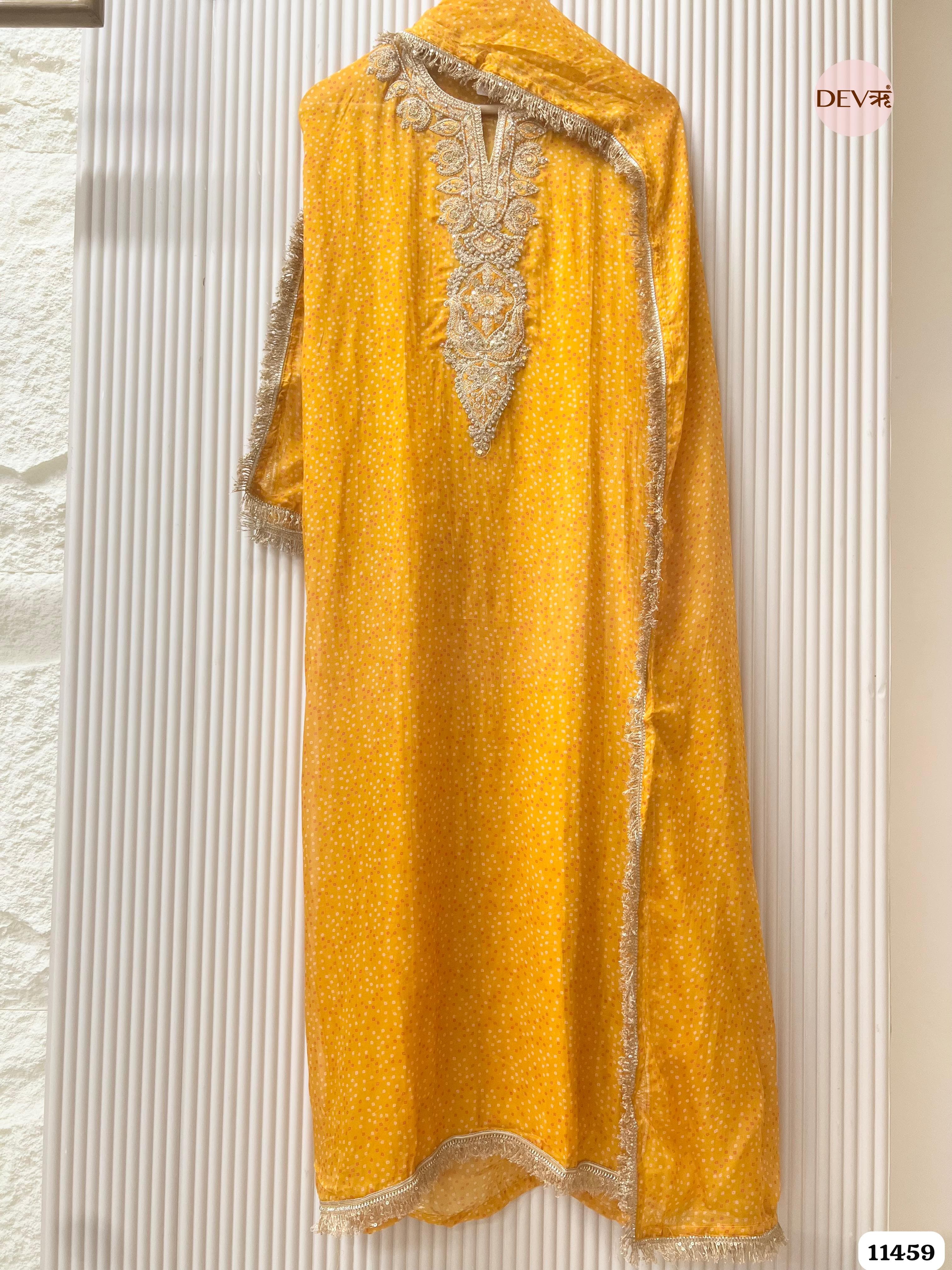 Yellow Pure Organza Printed Hand Embroidered -Set Of 3 {11459}