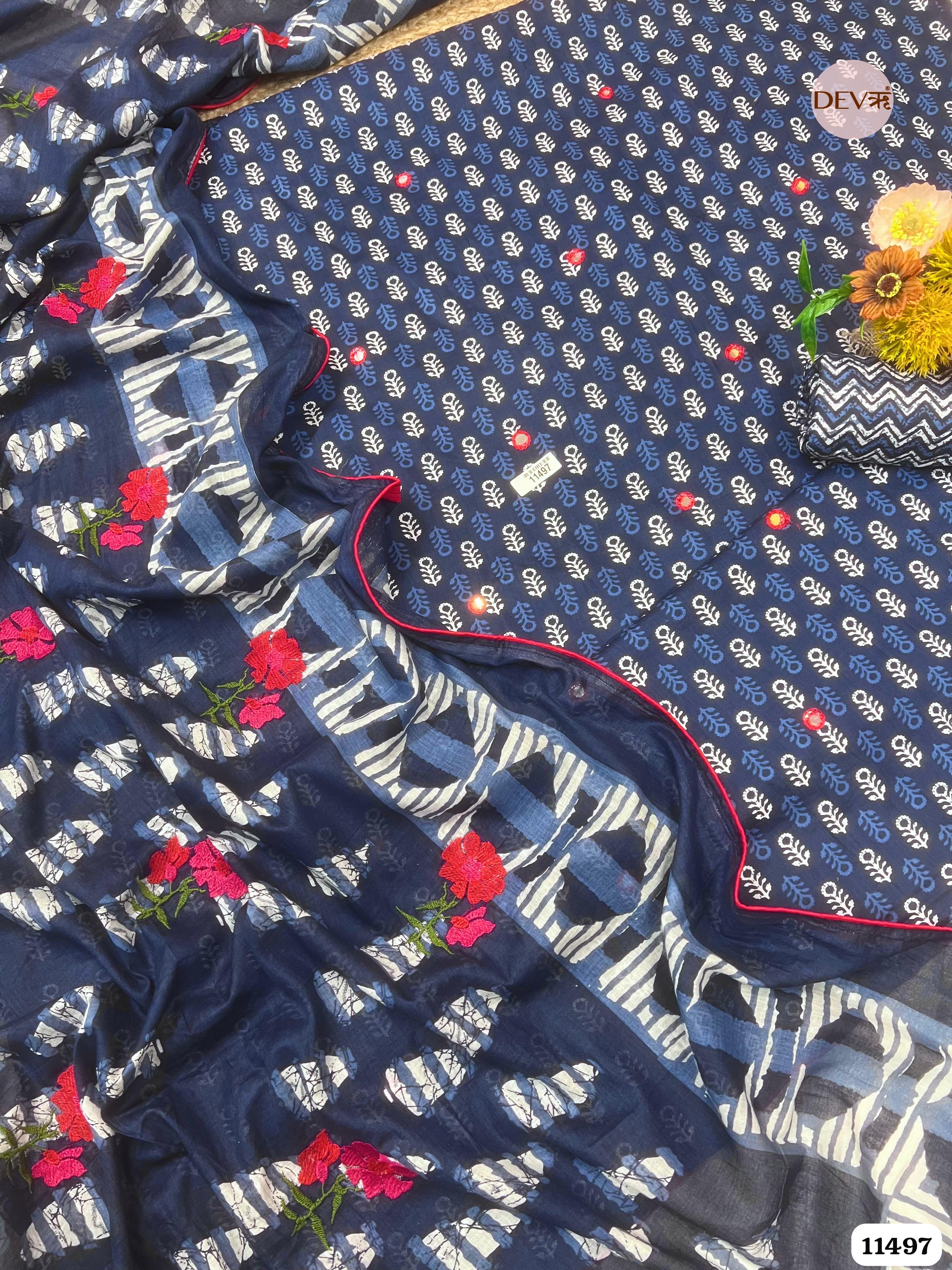 Dark Blue or Navy Blue Mul Cotton Unstitched Hand Embroidered -Set Of 3 {11497}