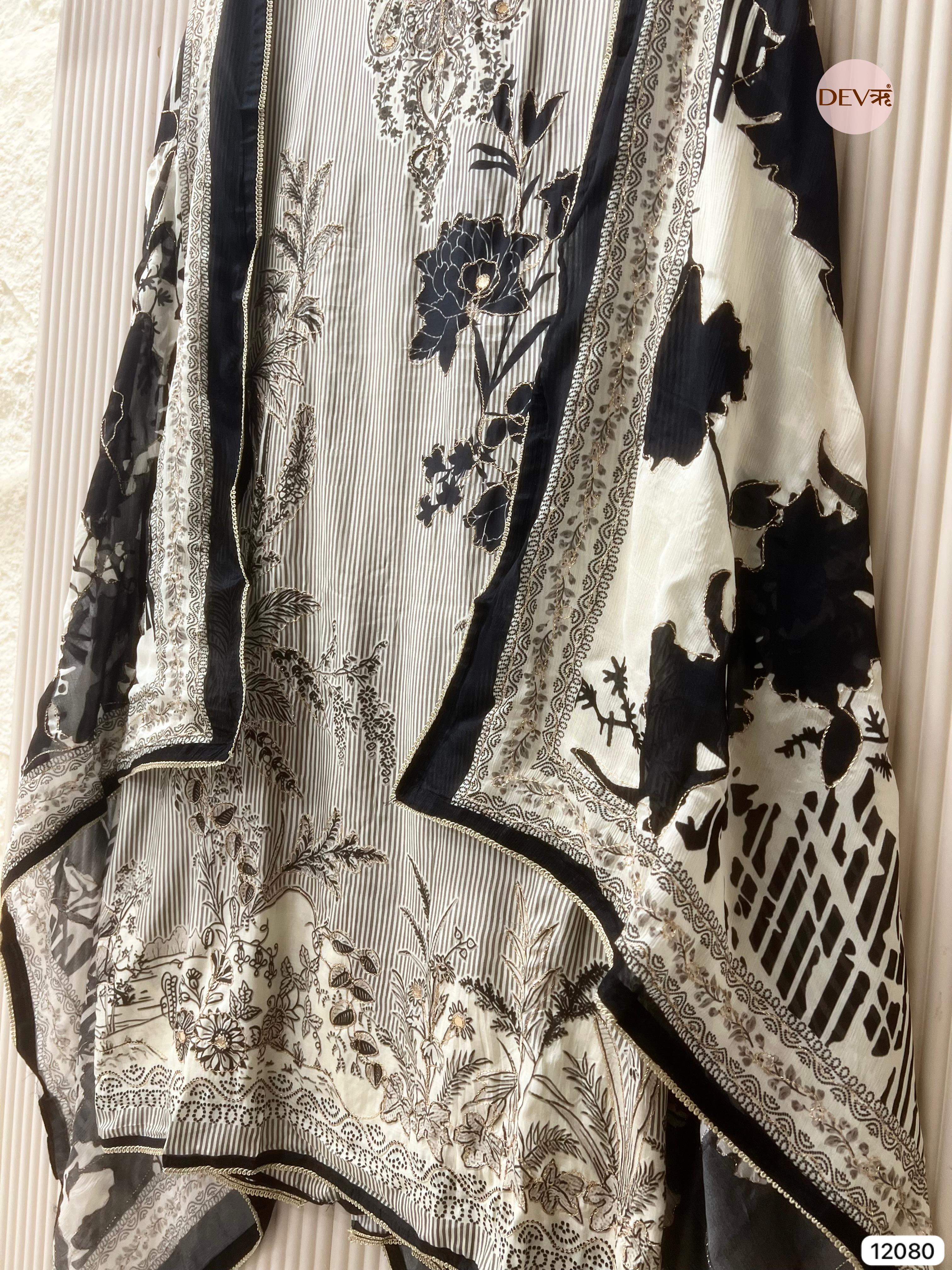 Black & White Pure Muslin Unstitched Printed With Hand Zardosi Embroidery -Set Of 3 - {12080}