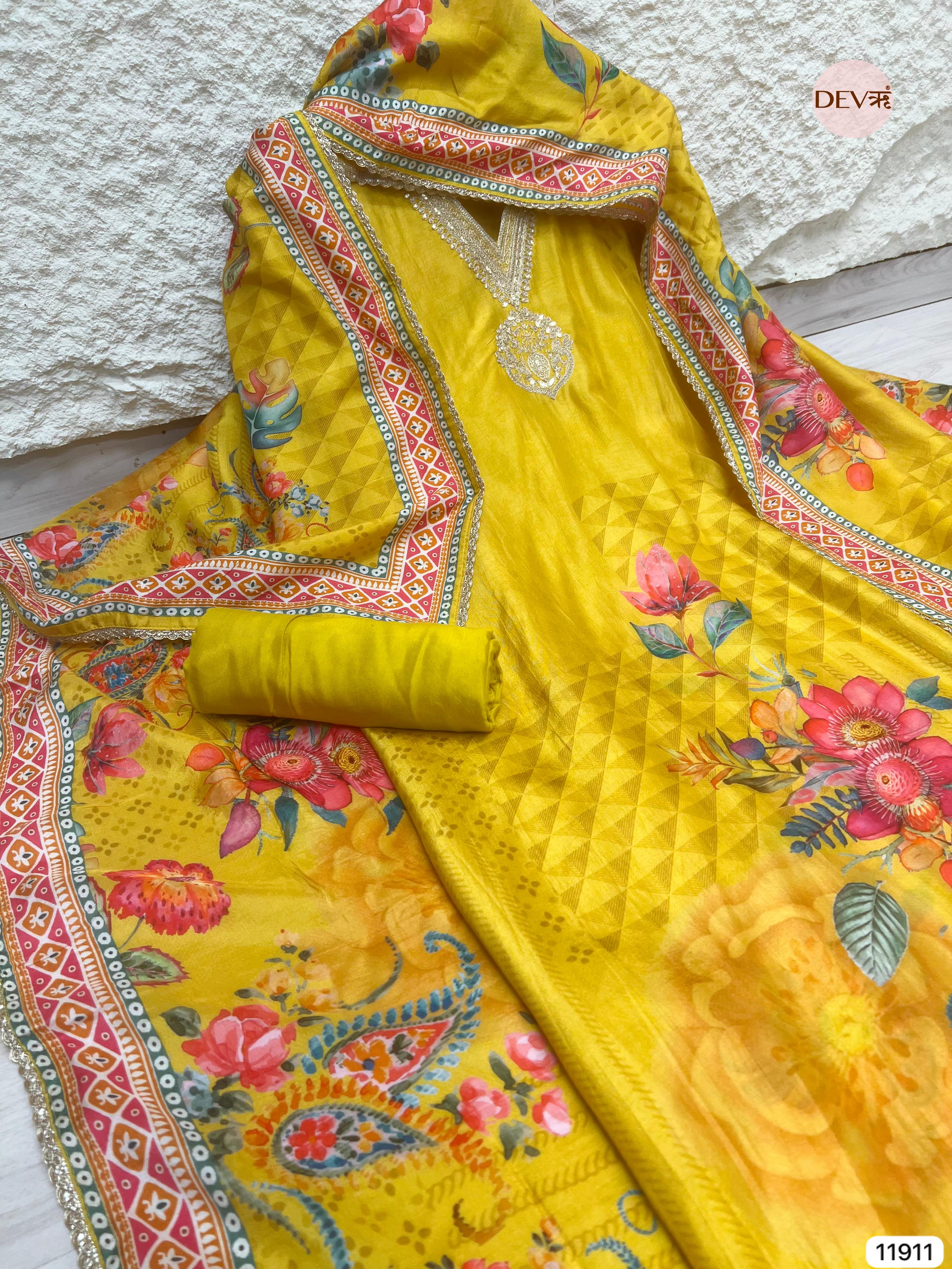 {11911} Yellow Pure Russian Silk Unstitched Printed Embroidered -Set Of 3