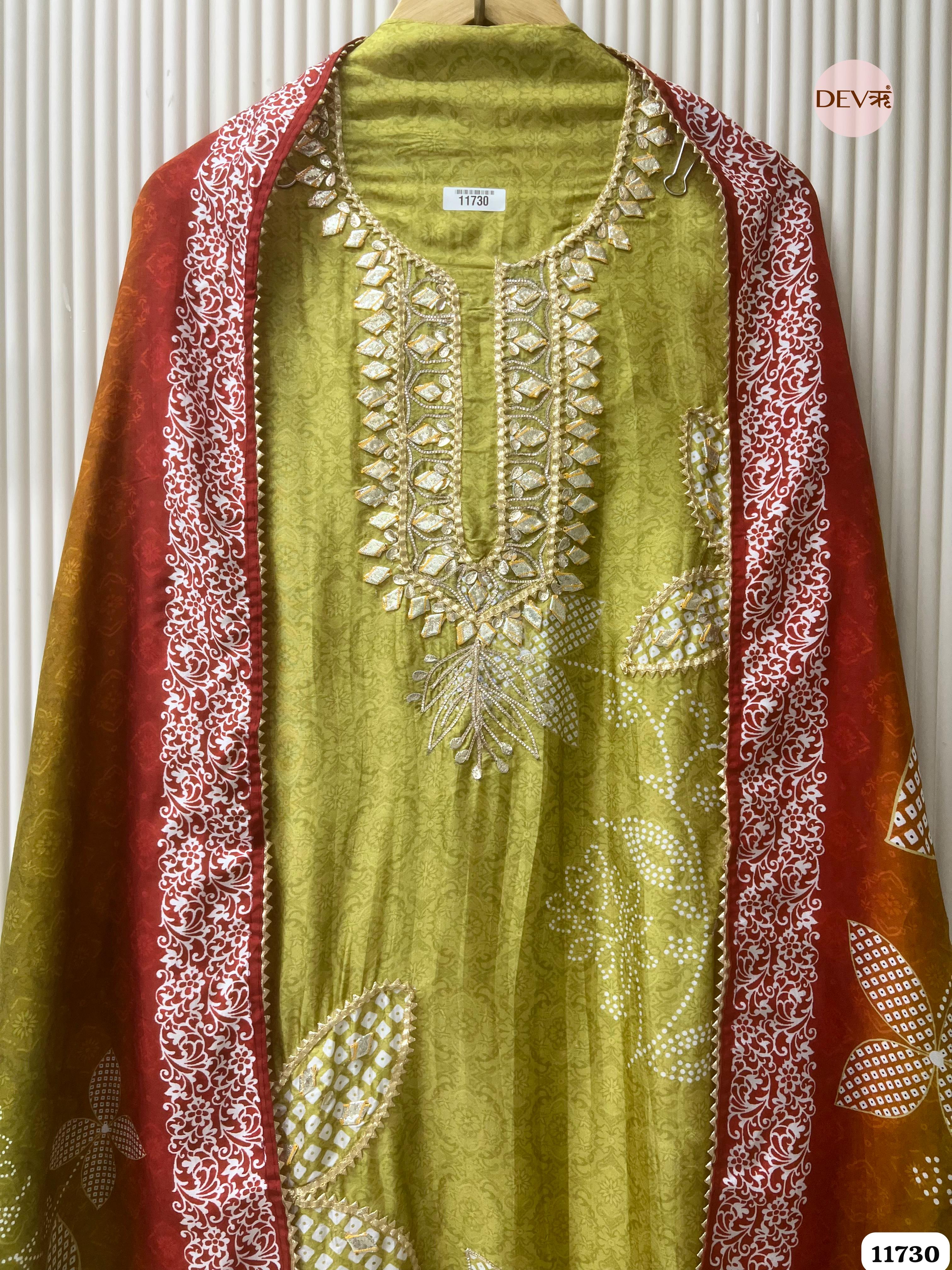 Green Russian Silk Semi Stitched Printed Hand Embroidered -Set Of 3- {11730}