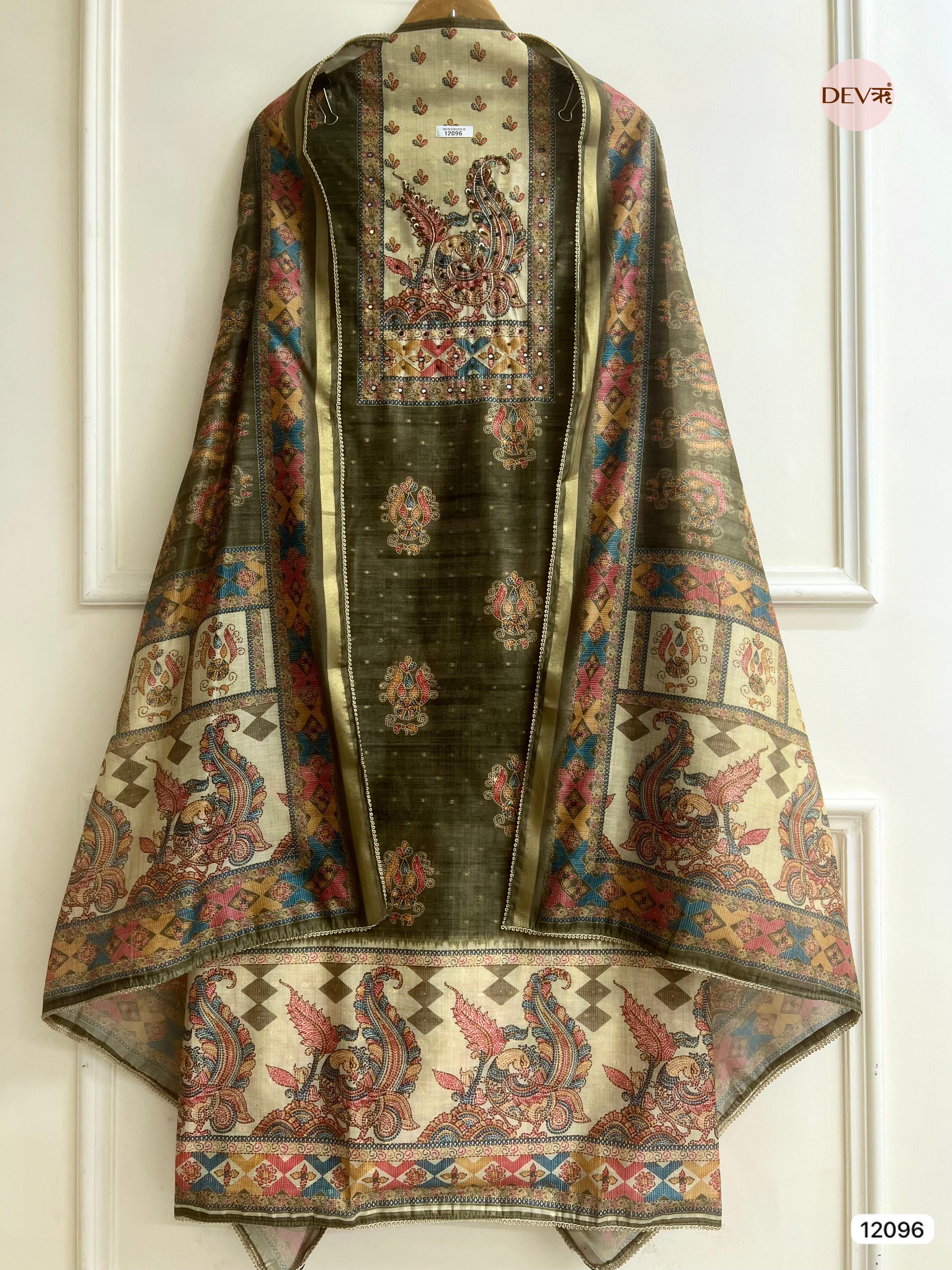 Green Tusser Khadi Silk Printed Unstitched Hand Embroidered -Set Of 3 - {12096}