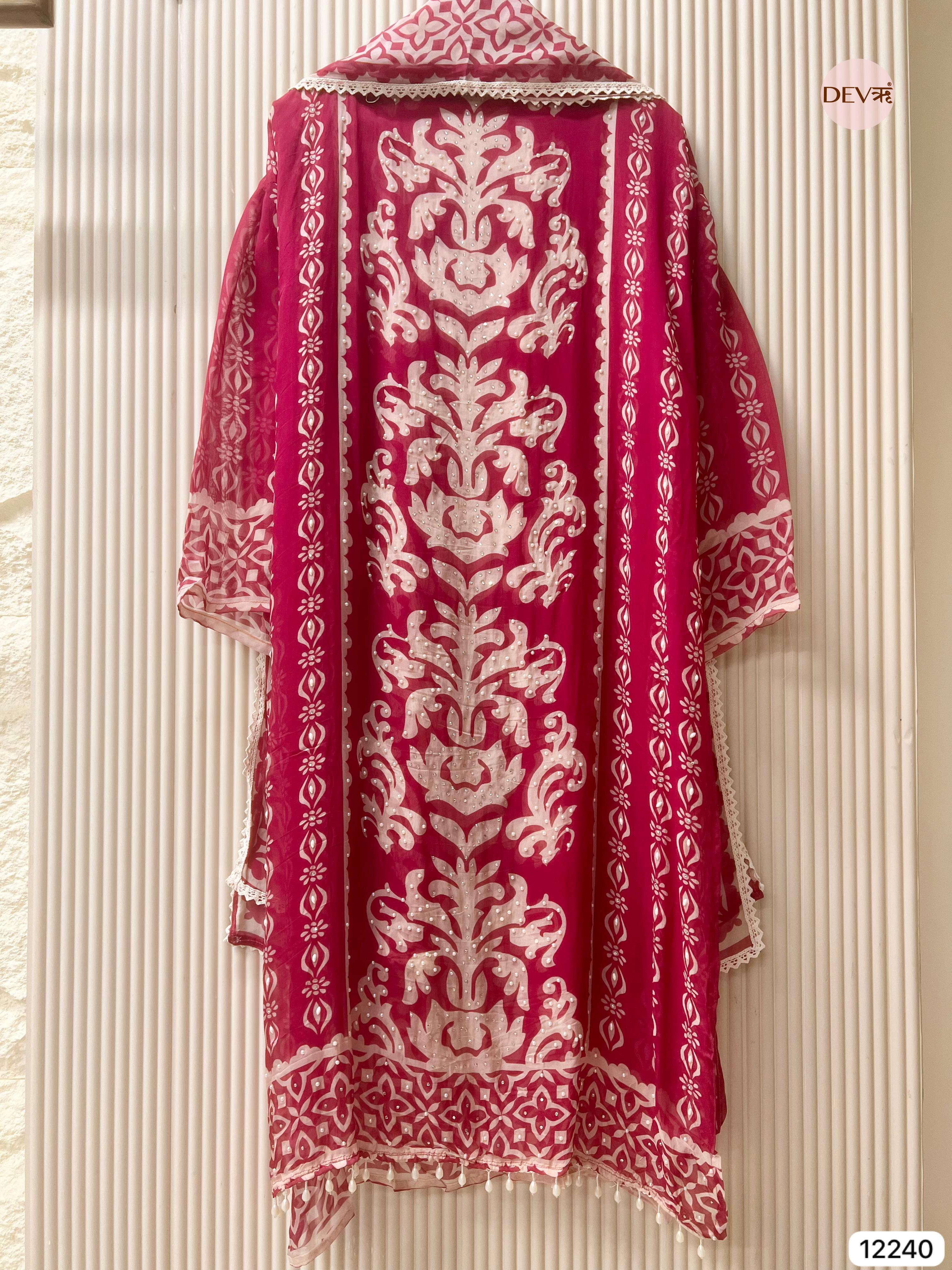 Magenta Pink Organza Embroidered Unstitched 3-Piece Suit (Devri – D.No 12240)
