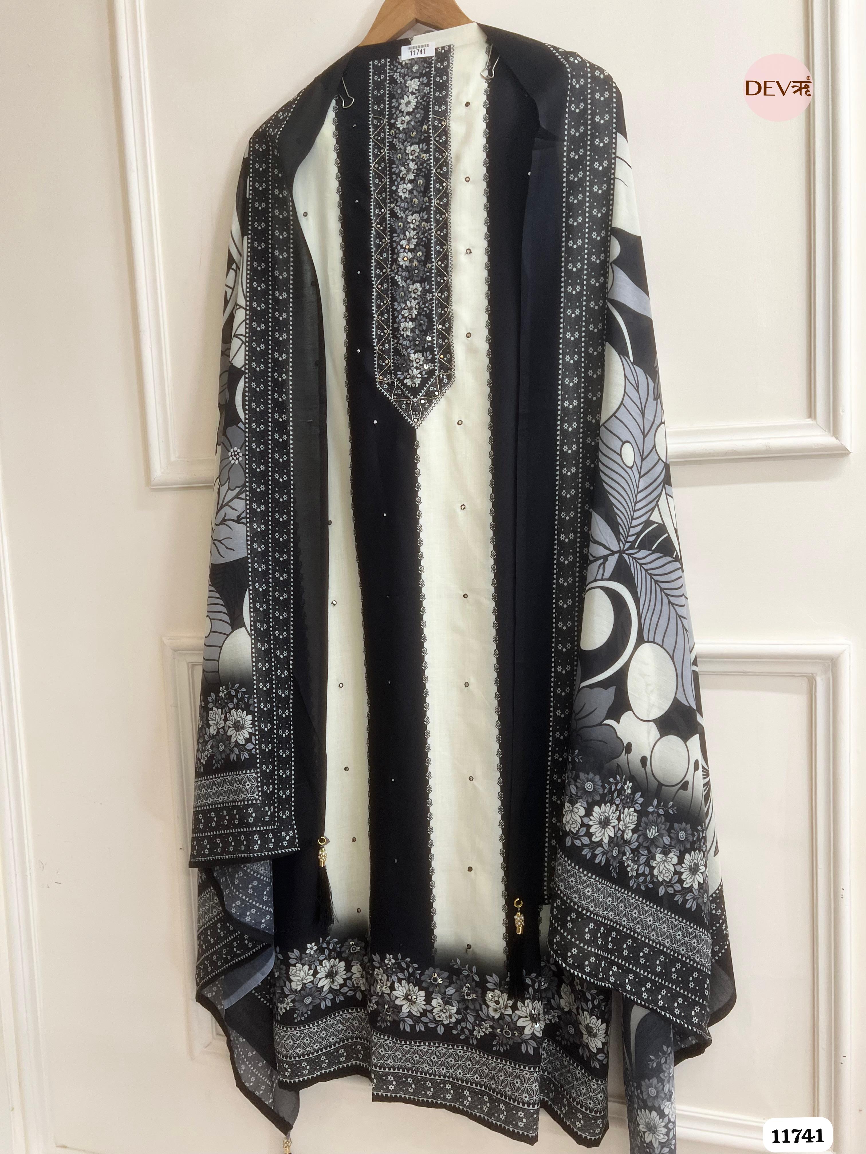 Black And White Cotton Unstitched Embroidered Printed -Set Of 3 {11741}