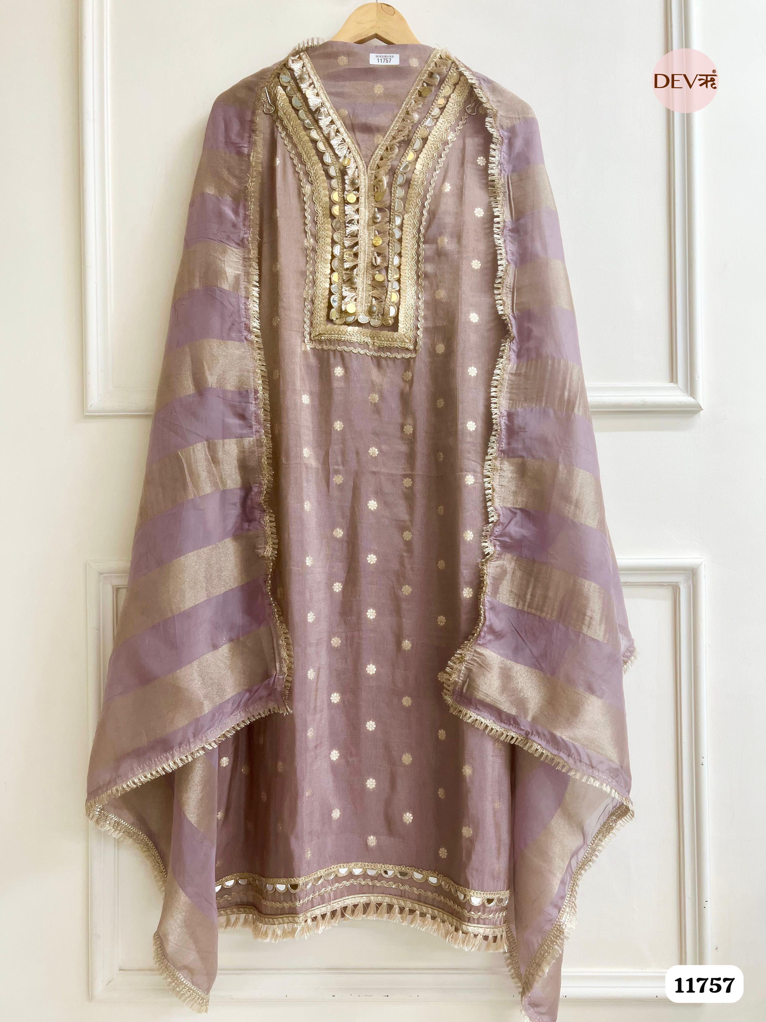 Purple Tissue Silk Unstitched Hand Embroidered -Set Of 3 {11757}