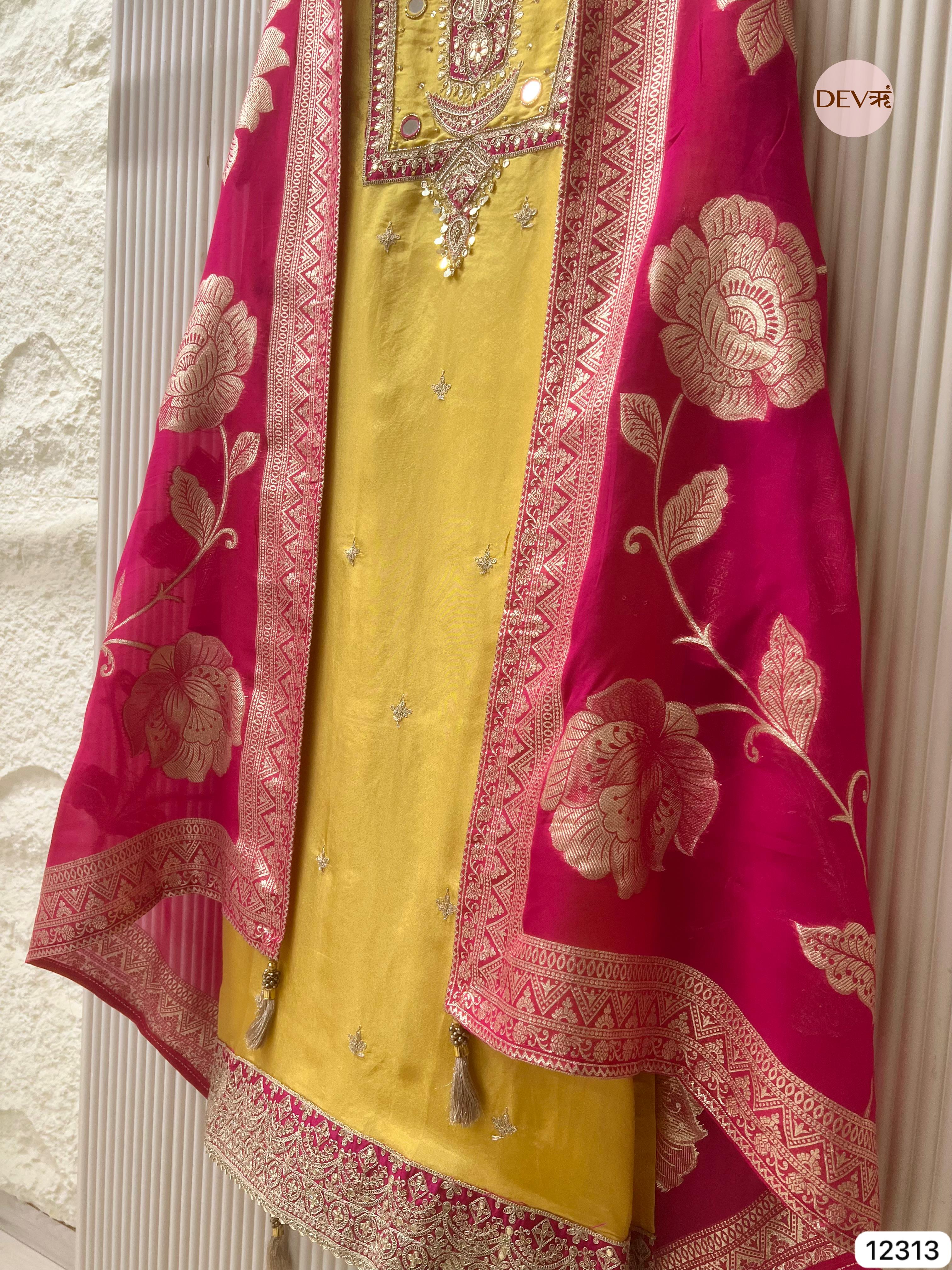 Mustard Yellow Shimmer Silk Embroidered Unstitched 3-Piece Suit (Devri – D.No 12313)
