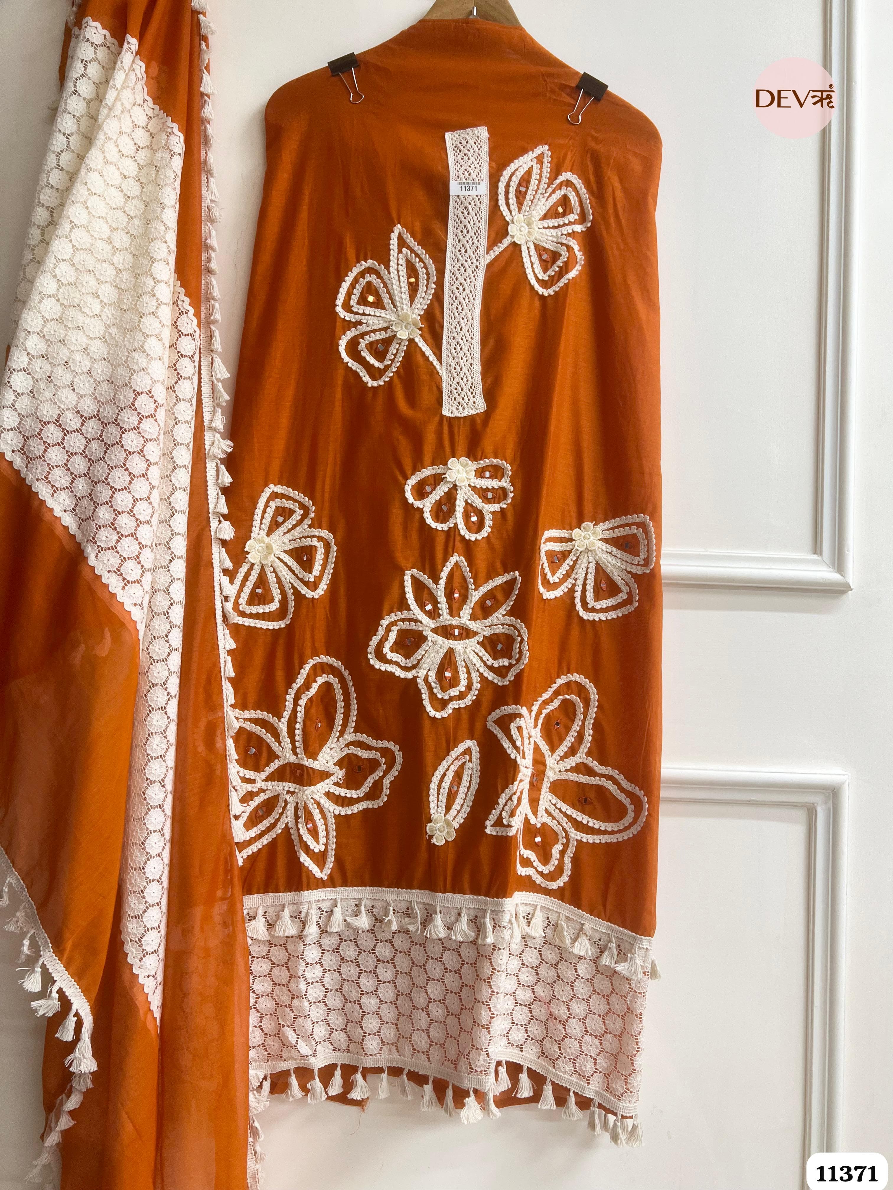 Brown Mul Chanderi Unstitched Hand Embroidered -Set Of 3 {11371}