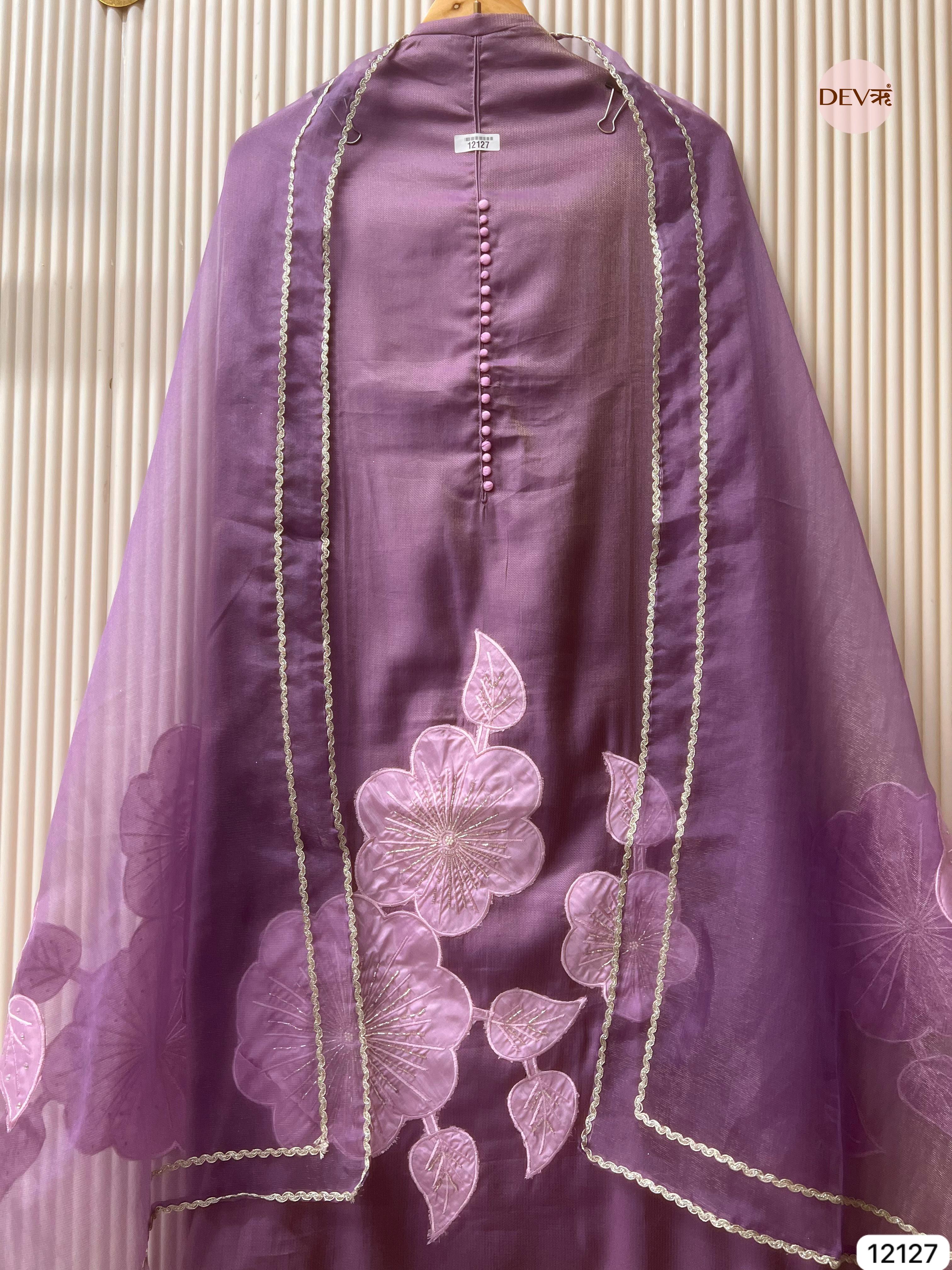 Purple Shimmer Silk Unstitched Applique Embroidered -Set Of 3 - {12127}