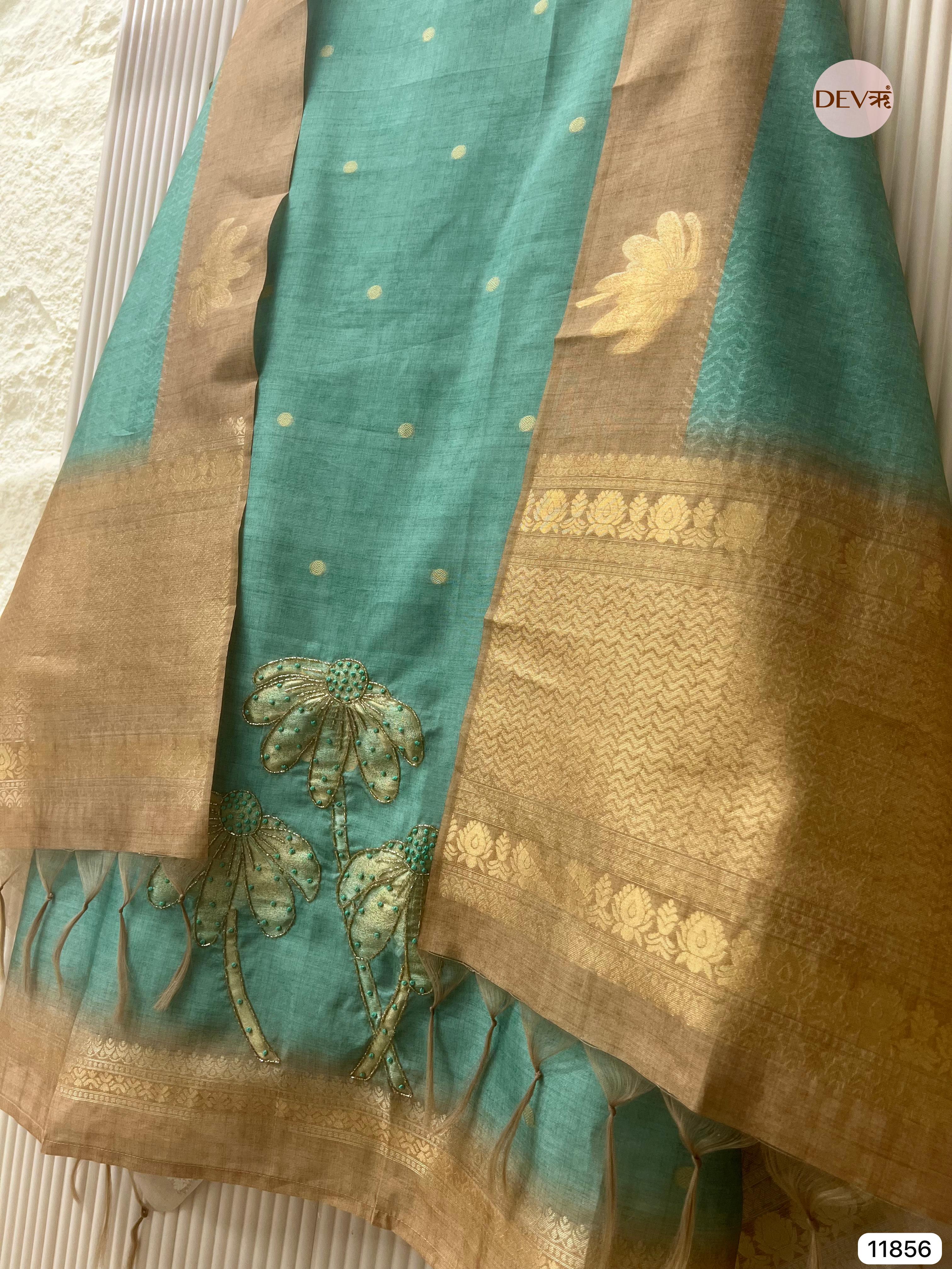 Pista Green Jamdani Silk Unstitched Printed Woven Hand Embroidered -Set Of 3- {11856}