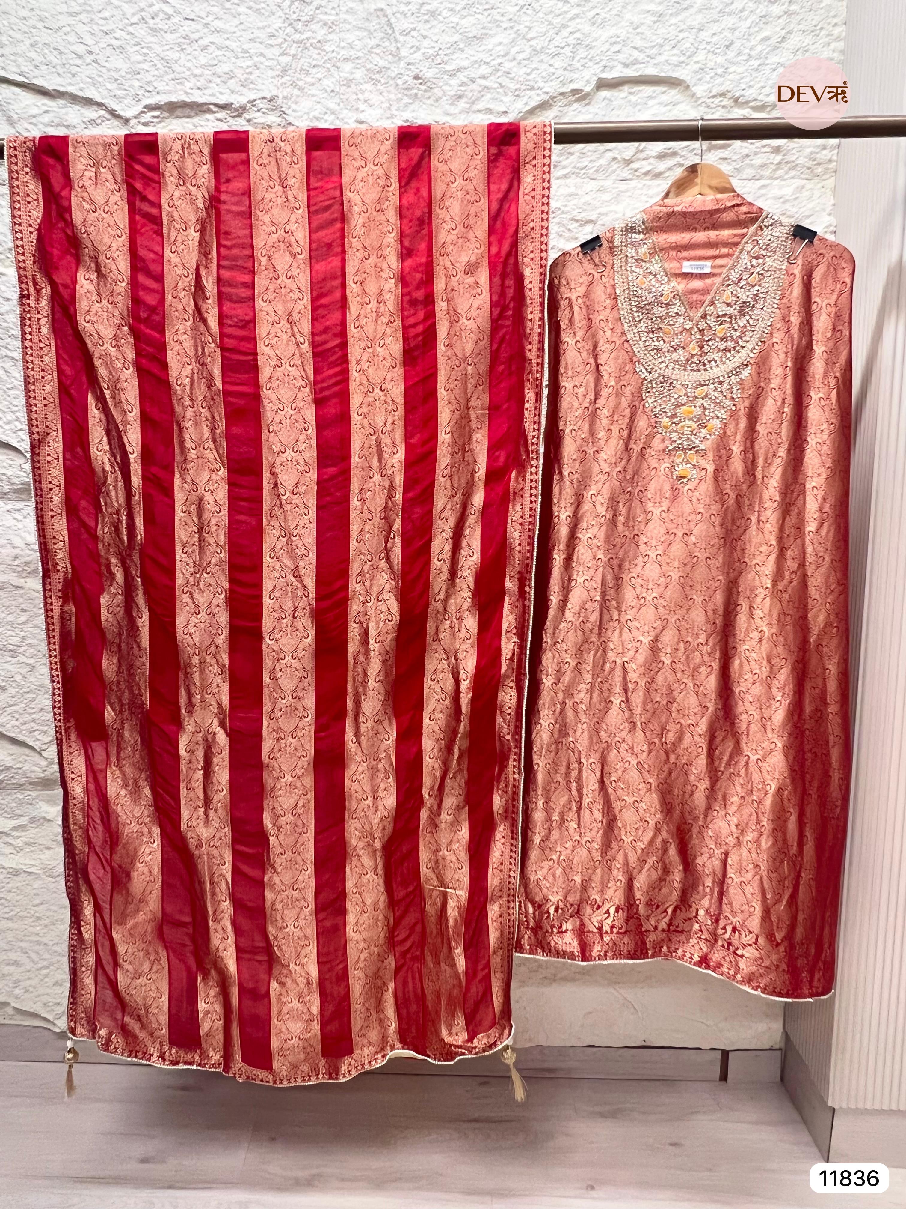 Red Pure Dola Silk Unstitched Banarasi Weave Hand Embroidered -Set Of 3- {11836}