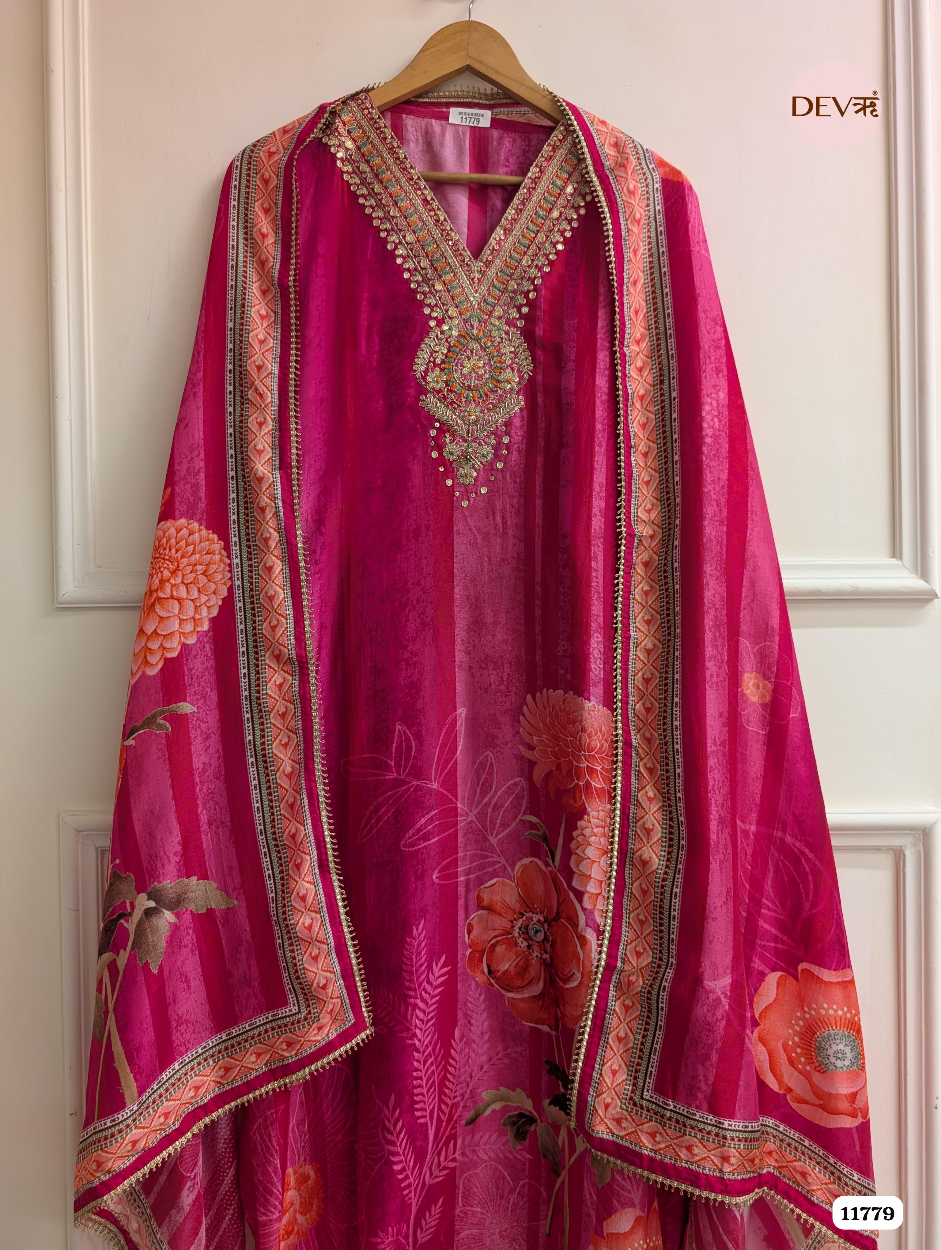 Rose Pink Russian Silk Printed Unstitched Hand Embroidered -Set Of 3 {11779}