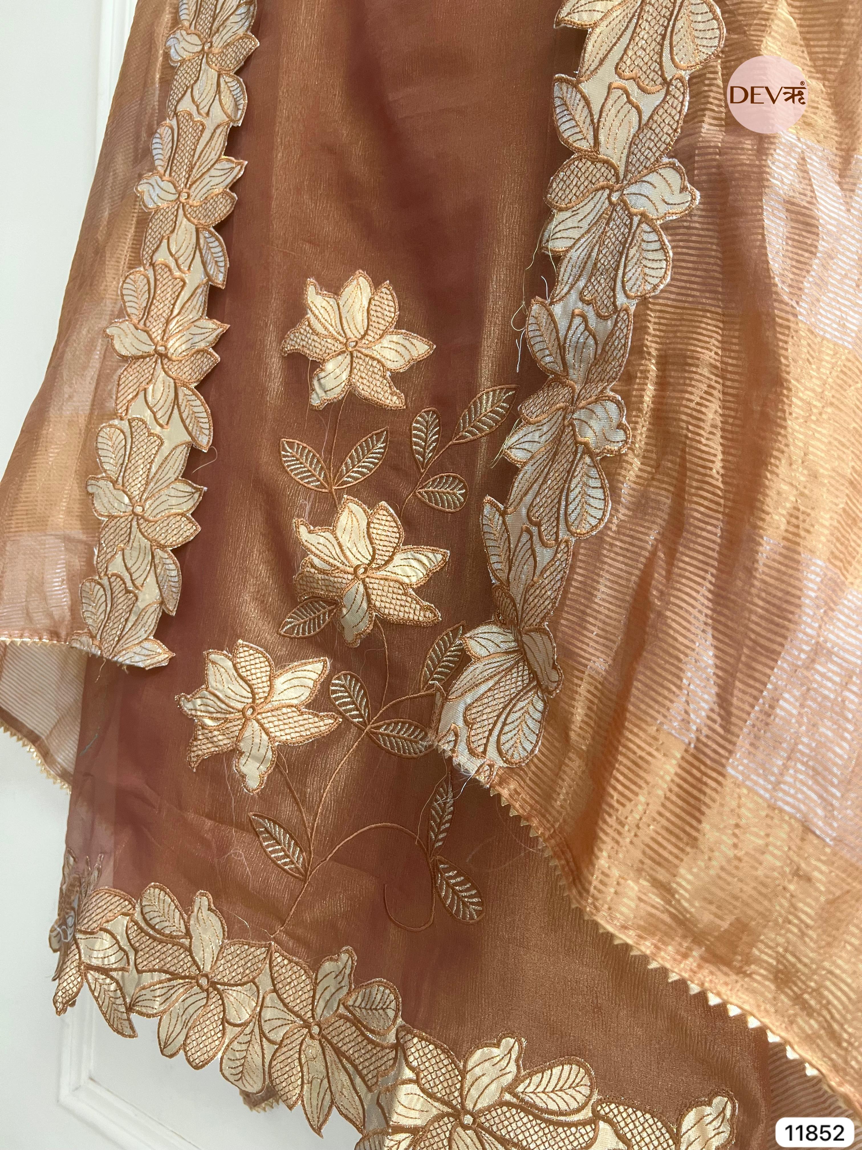 Brown Tissue Silk Unstitched Embroidered -Set Of 3- {11852}