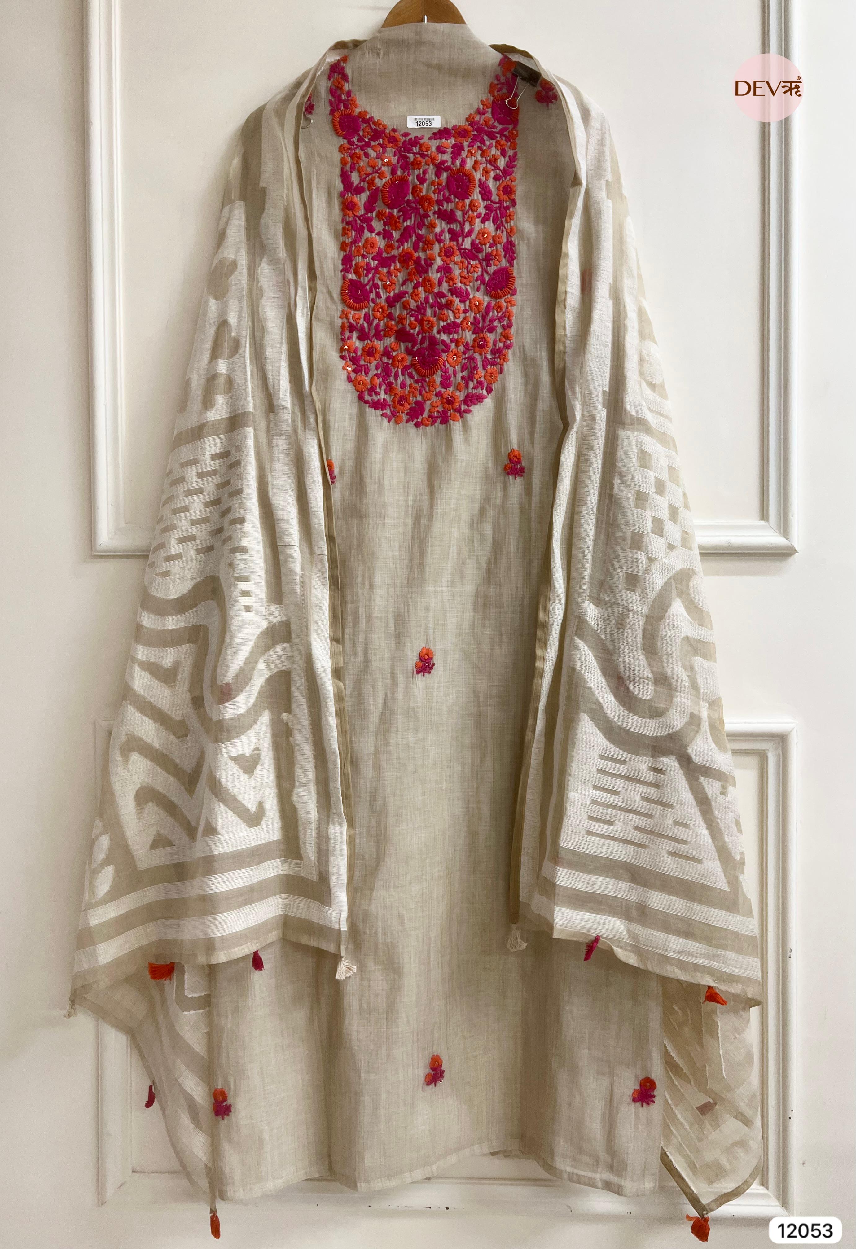 Of White Pure Khadi Silk Unstitched Embroidered -Set Of 3 - {12053}