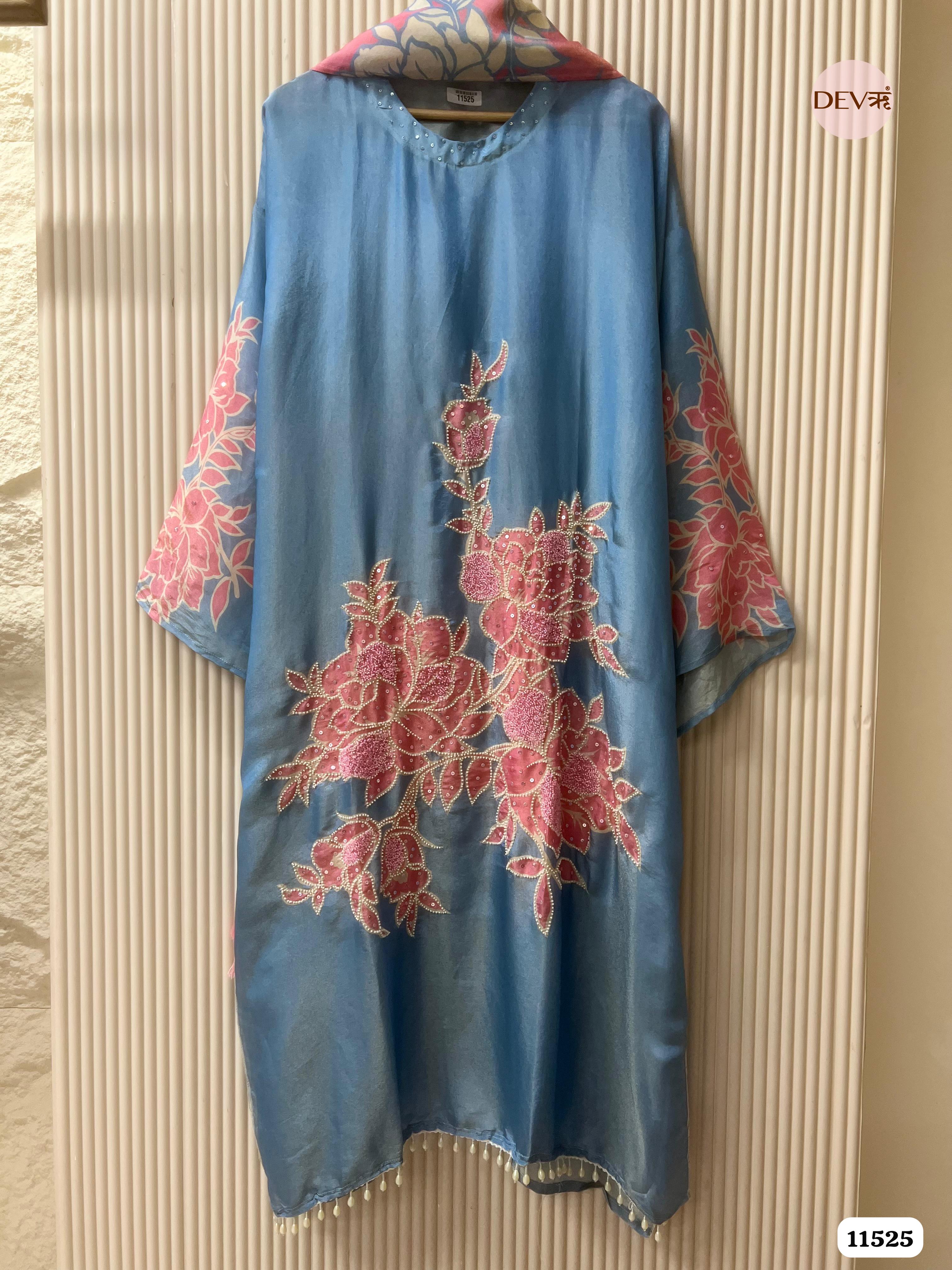 Blue Tissue Silk Semi stitched Printed Embroidered -Set Of 3 - {11525}