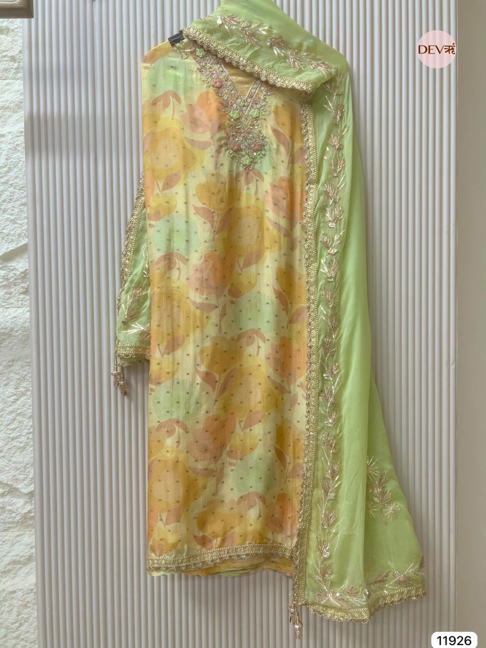 Light Green Glass Tissue Silk Unstitched Printed Hand Embroidered -Set Of 3 - {11926}