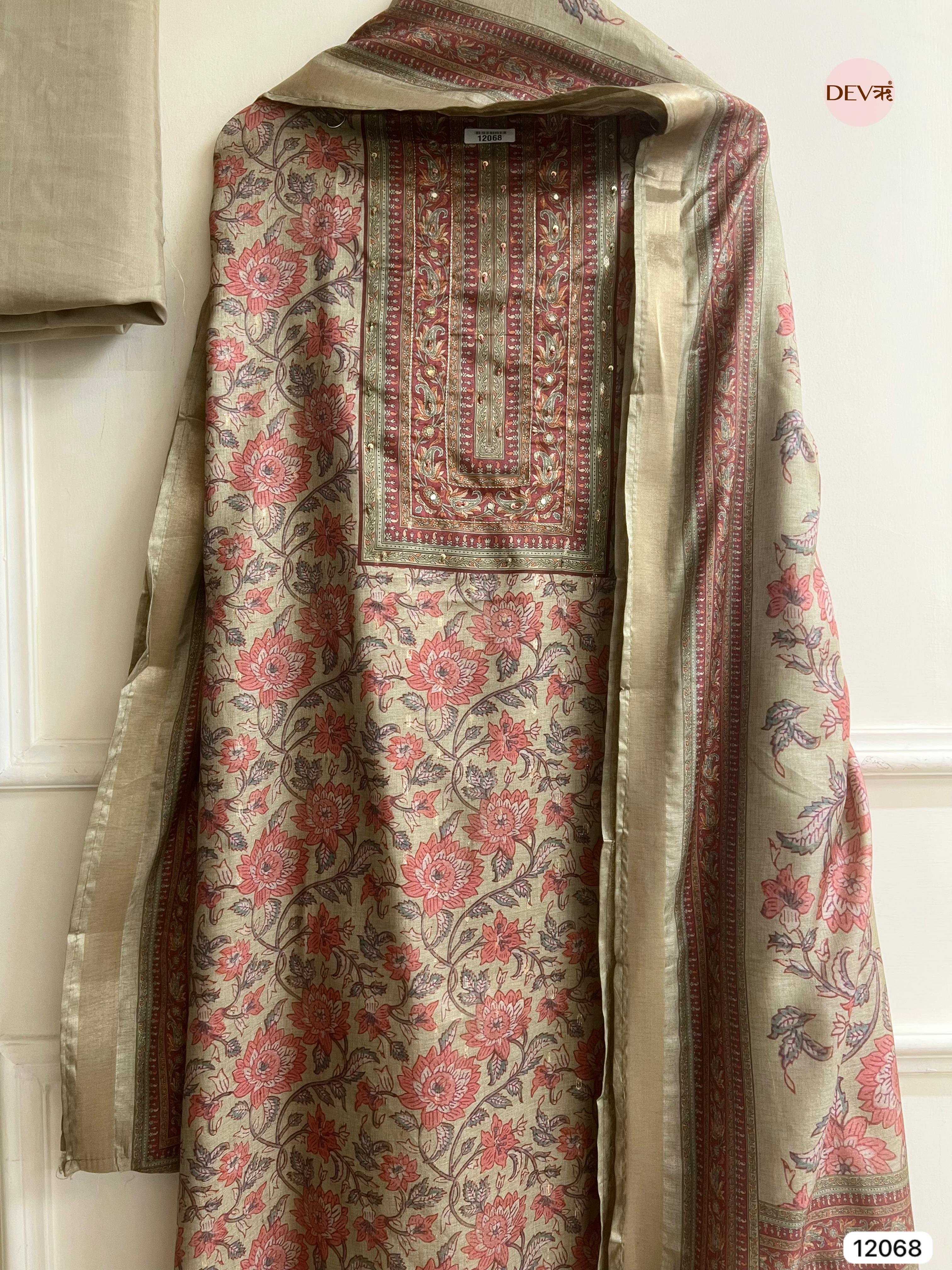 Multi Colour Tusser Khadi Silk Printed Unstitched Hand Embroidered -Set Of 3 - {12068}