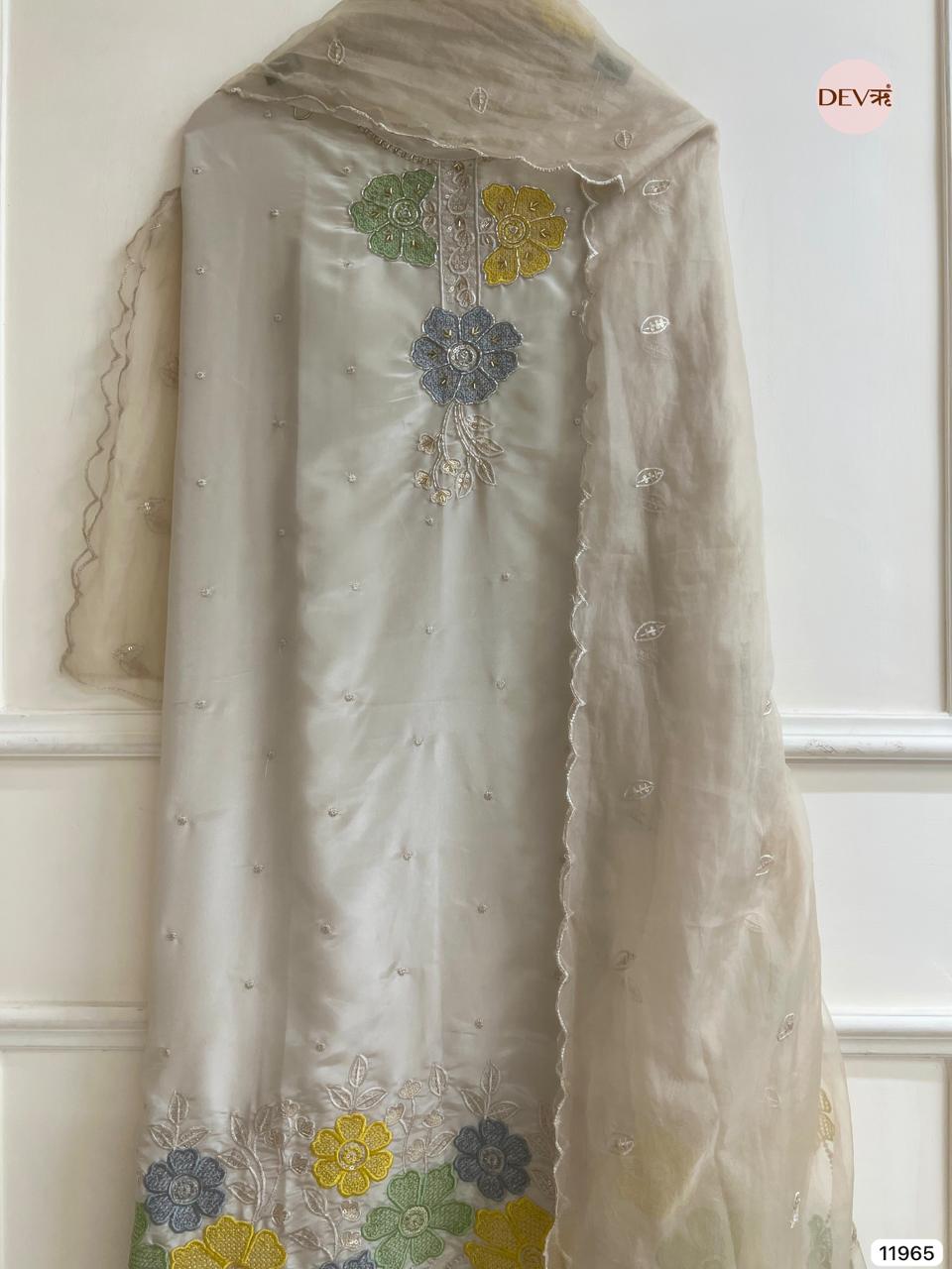 Off White Tissue Shimmer Silk Unstitched Embroidered -Set Of 3 - {11965}