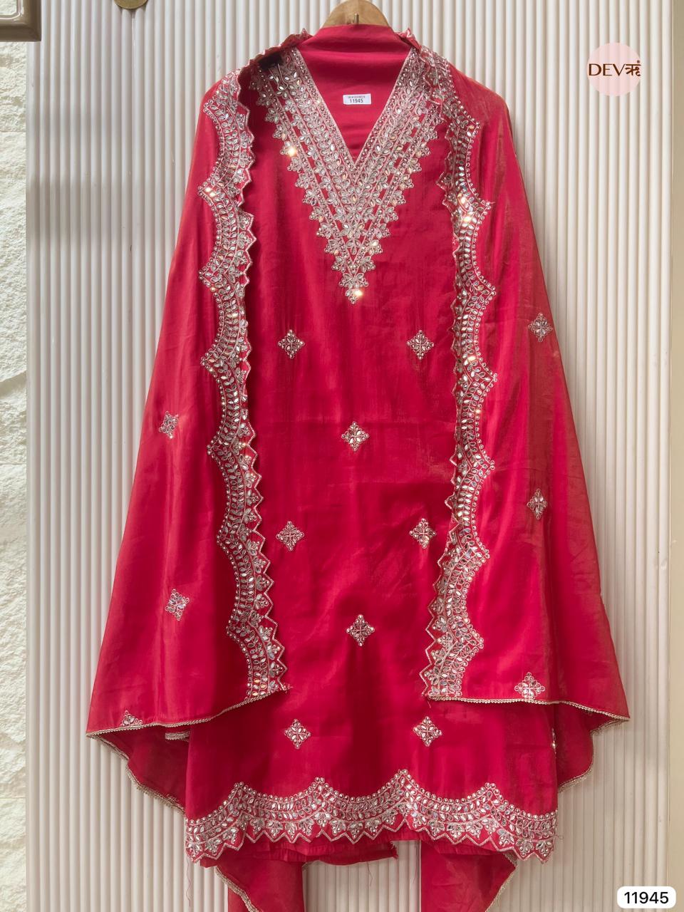 Red Modal Silk Unstitched Hand Embroidered -Set Of 3 - {11945}
