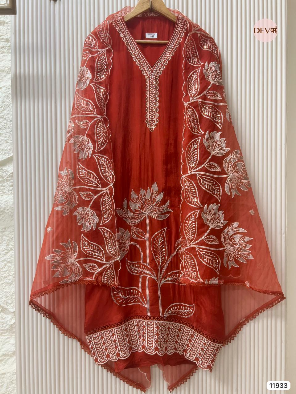 Rust Glass Tissue Silk Unstitched Embroidered -Set Of 3 - {11933}