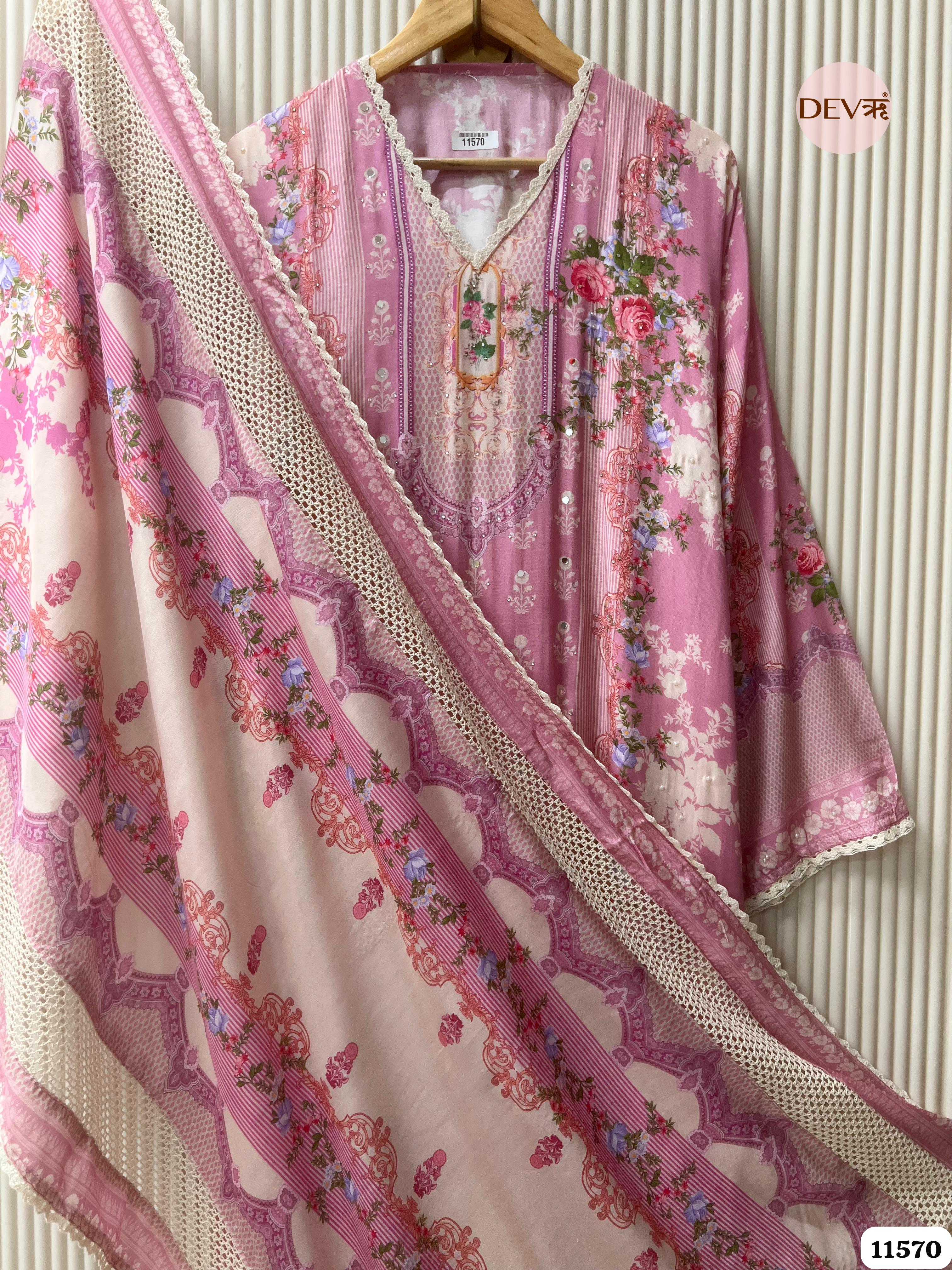 Pink Muslin Printed Semi Stitched Hand Embroidered -Set Of 3 {11570}