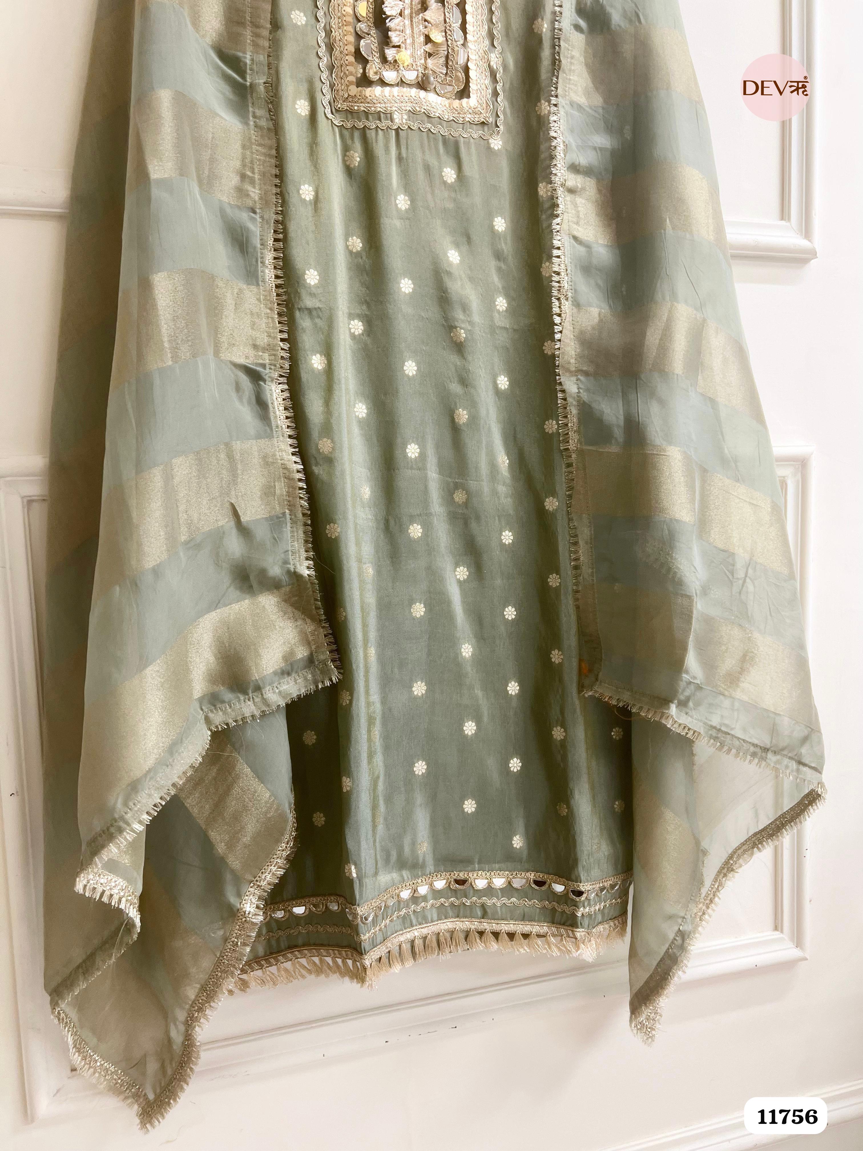 Green Tissue Silk Unstitched Hand Embroidered -Set Of 3 {11756}