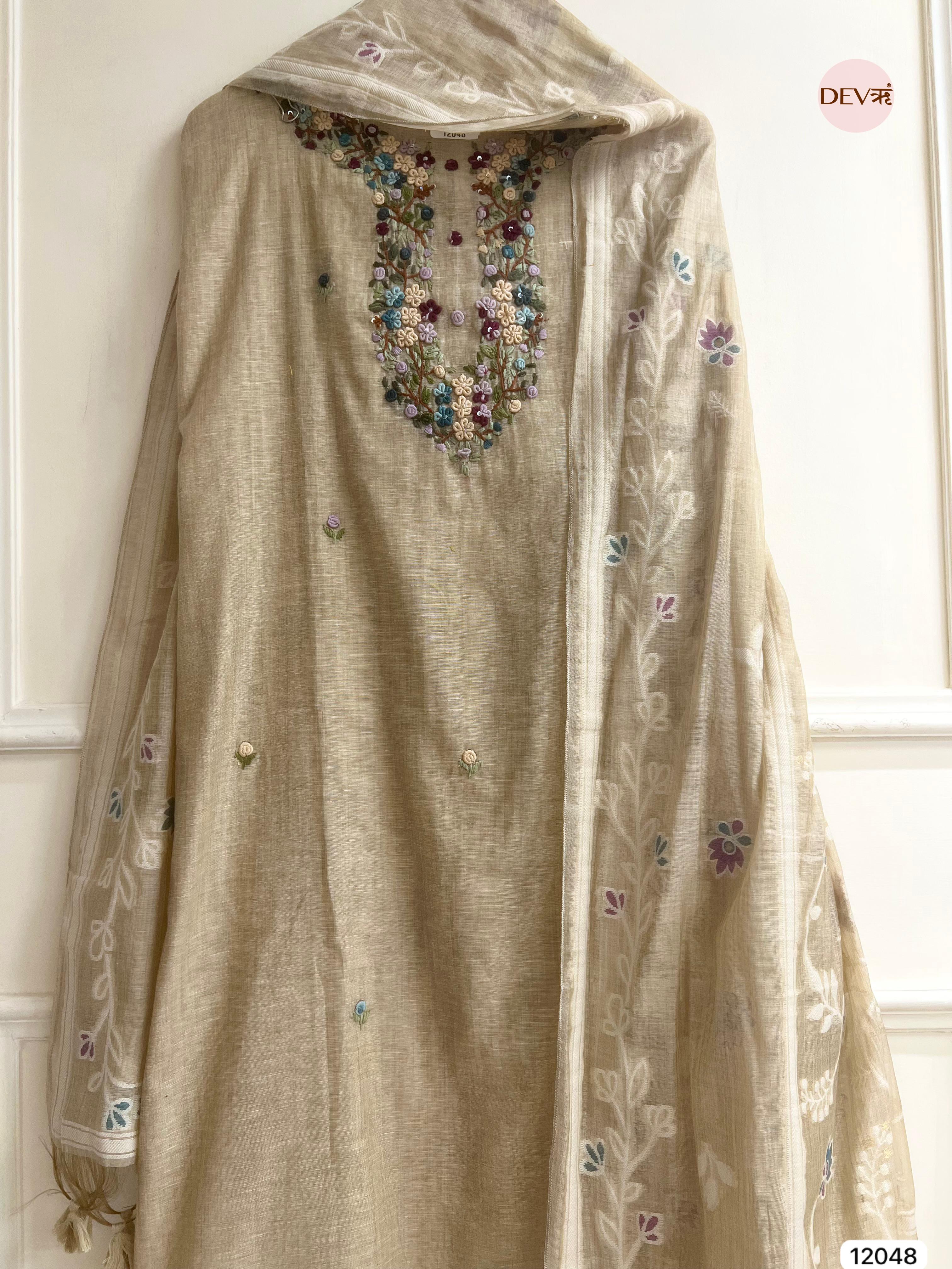 Off White Pure Khadi Silk Unstitched Embroidered -Set Of 3 - {12048}
