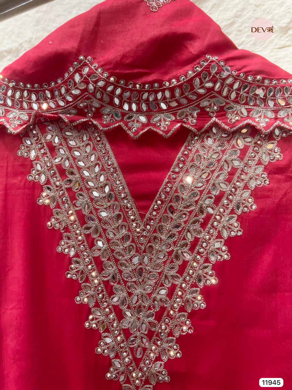 Red Modal Silk Unstitched Hand Embroidered -Set Of 3 - {11945}