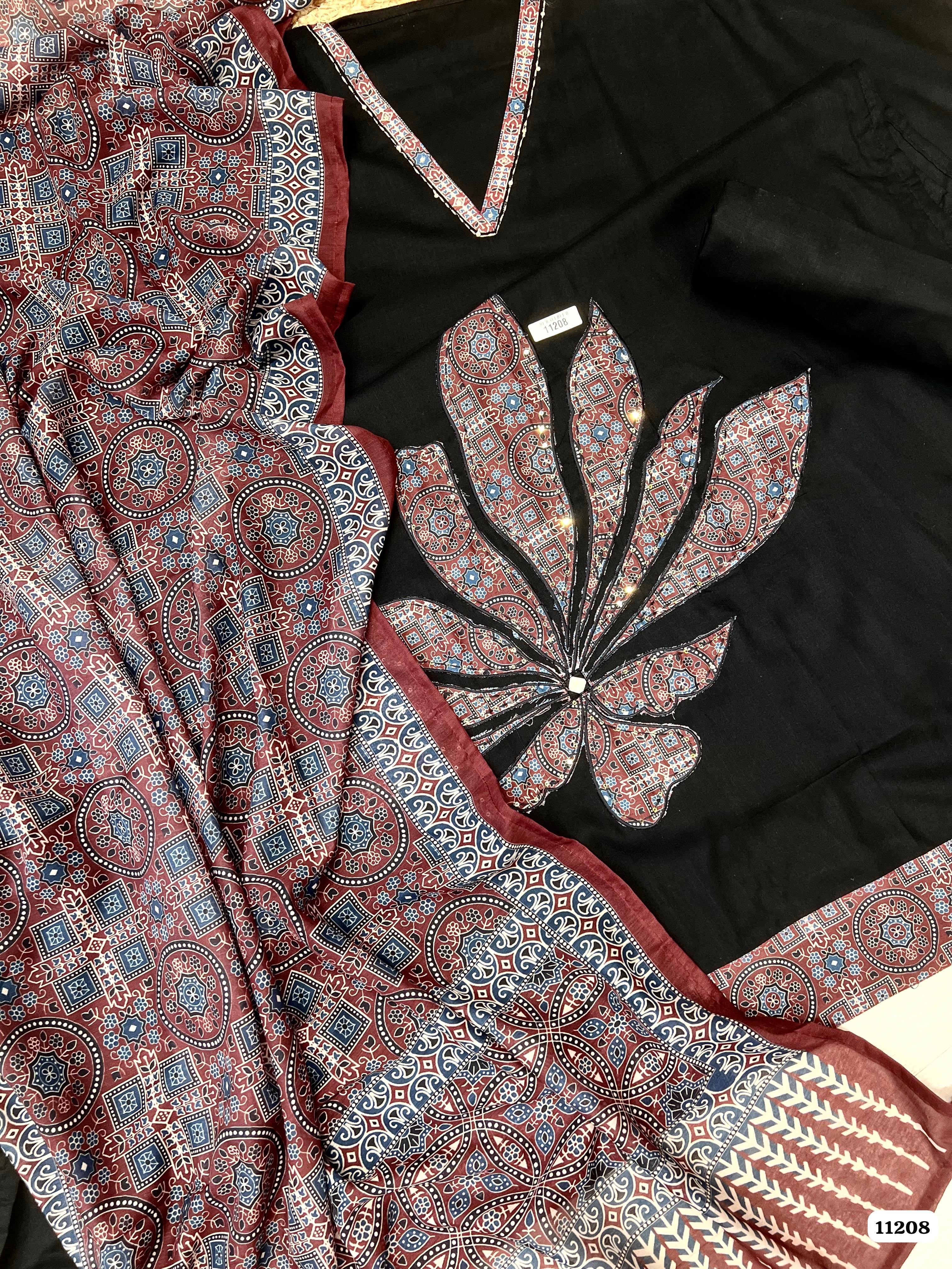 Black Cotton Slub Unstitched Printed -Set Of 3 - {11208}