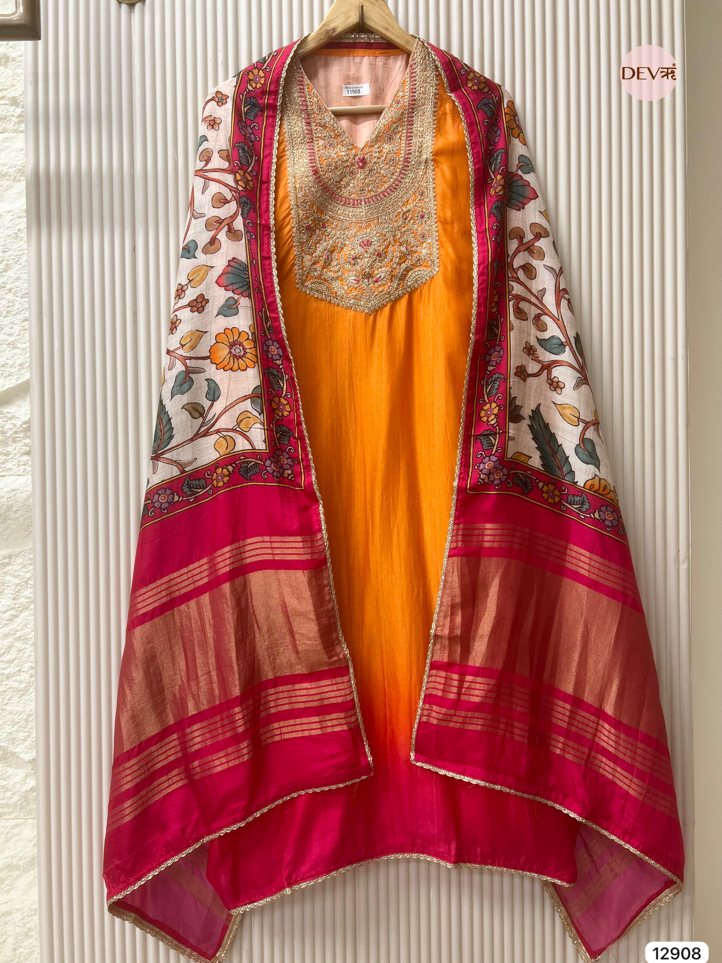 Orange Russian Silk Unstitched Embroidered -Set Of 3 - {11908}