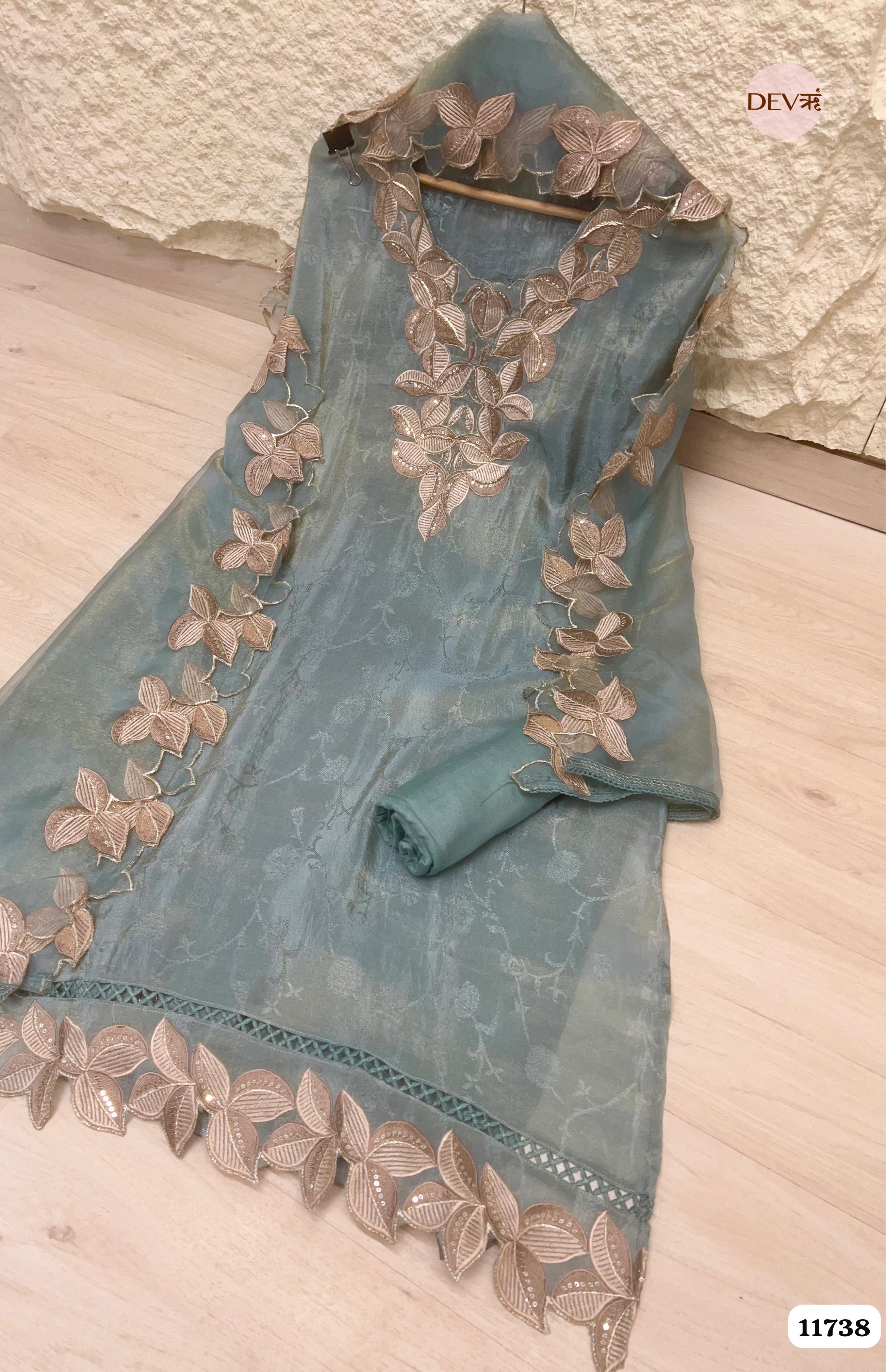 Seea Green Tissue Silk Woven Unstitched Embroidered -Set Of 3 {11738}