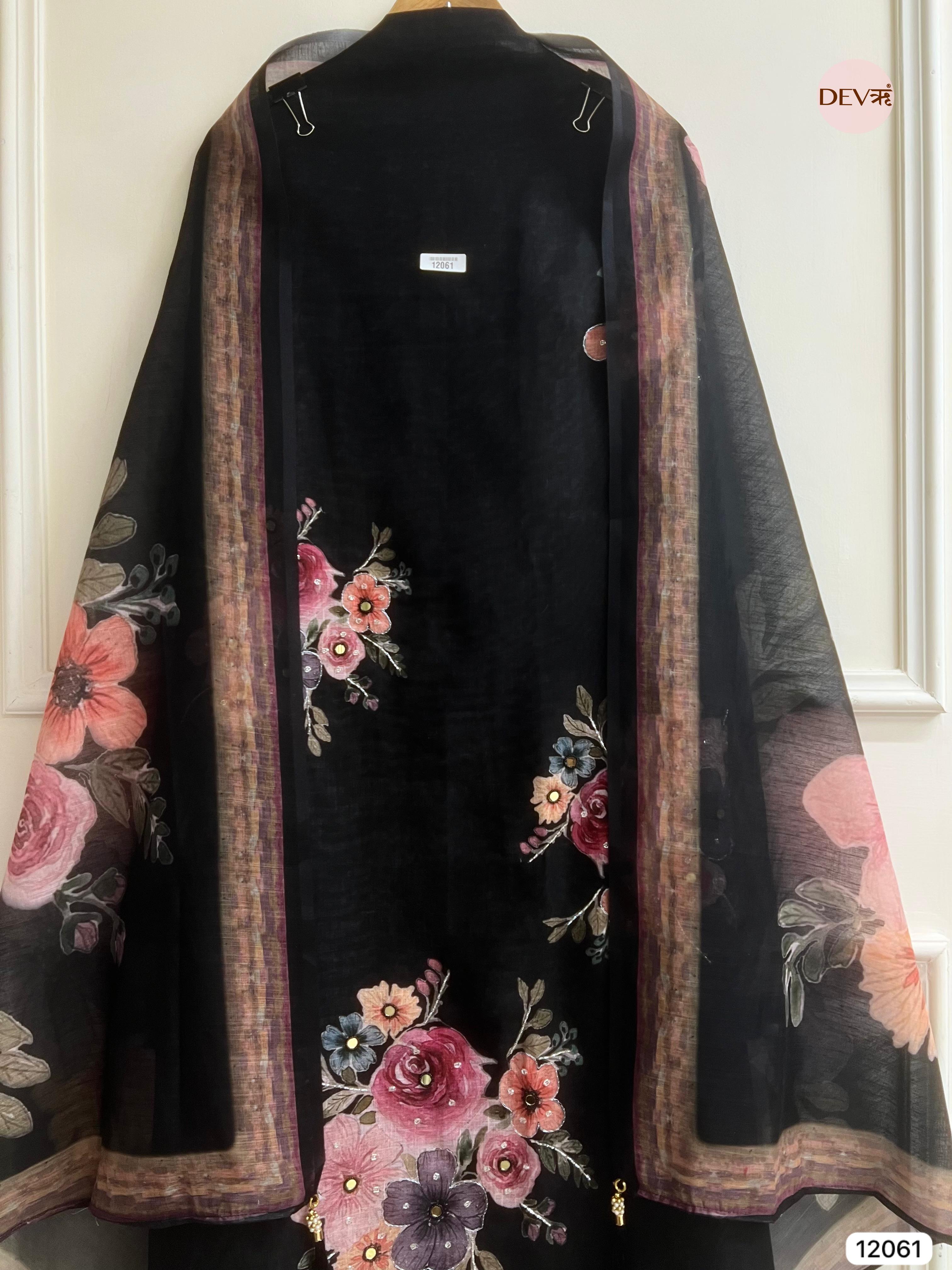 Black Linen Printed Unstitched Hand Embroidered -Set Of 3 - {12061}