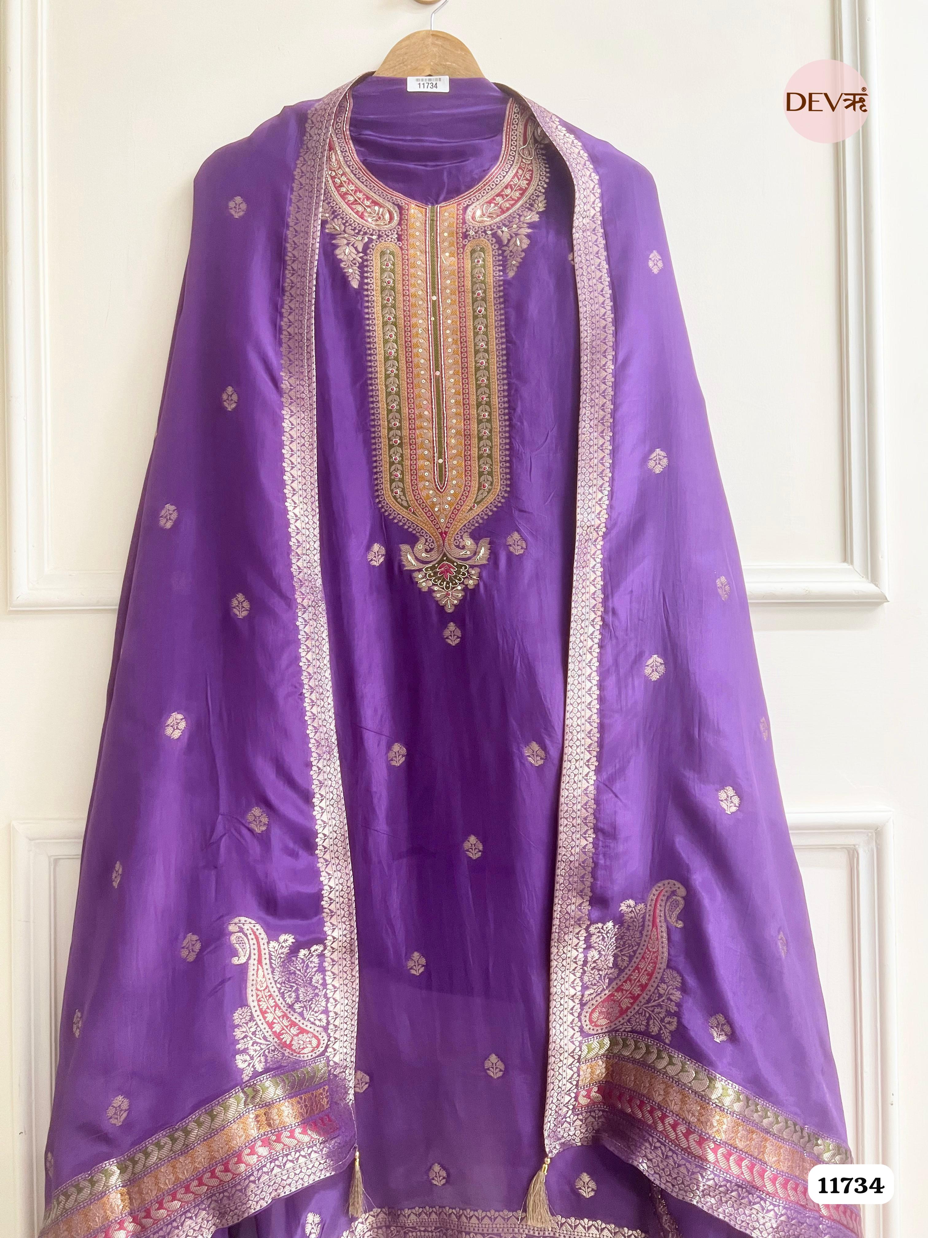 Purple Organza Silk Unstitched Banarasi Weave Hand Embroidered -Set Of 3 {11734}