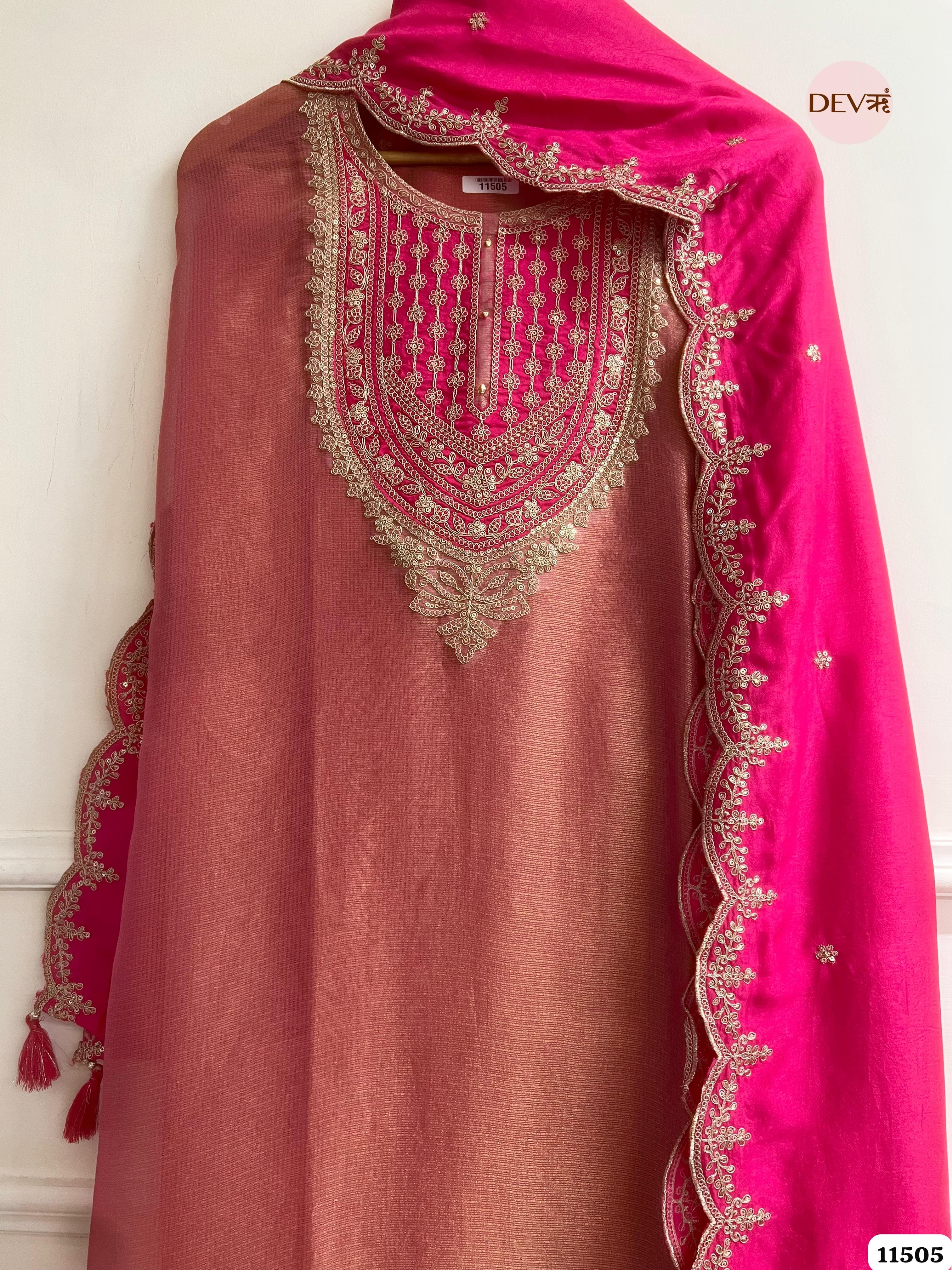 Primarily Pink Tissue Silk Unstitched Embroidered -Set Of 3 {11505}