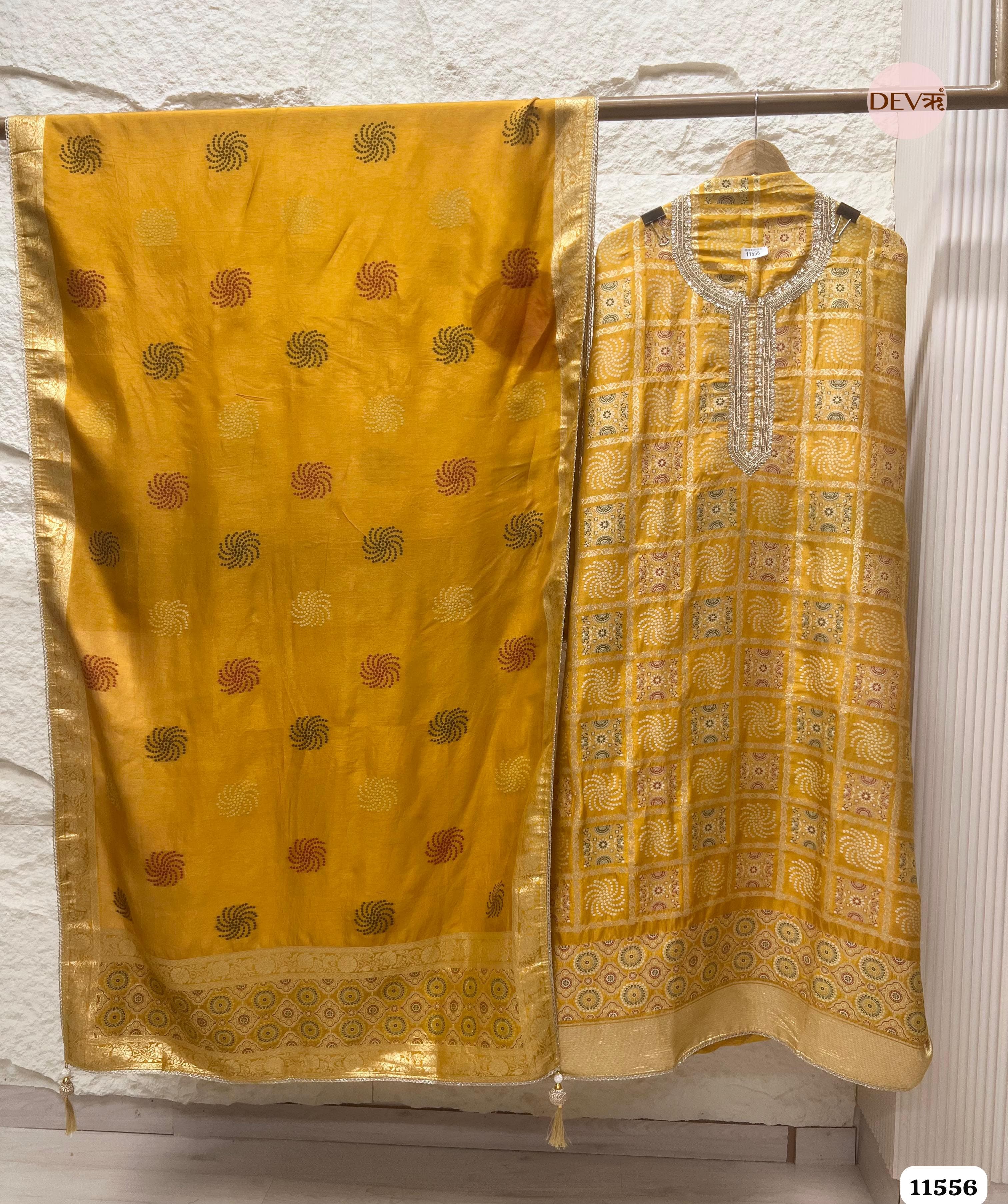 Mustard Yellow Pure Banarasi Silk Woven Unstitched Hand Embroidered -Set Of 3 {11556}