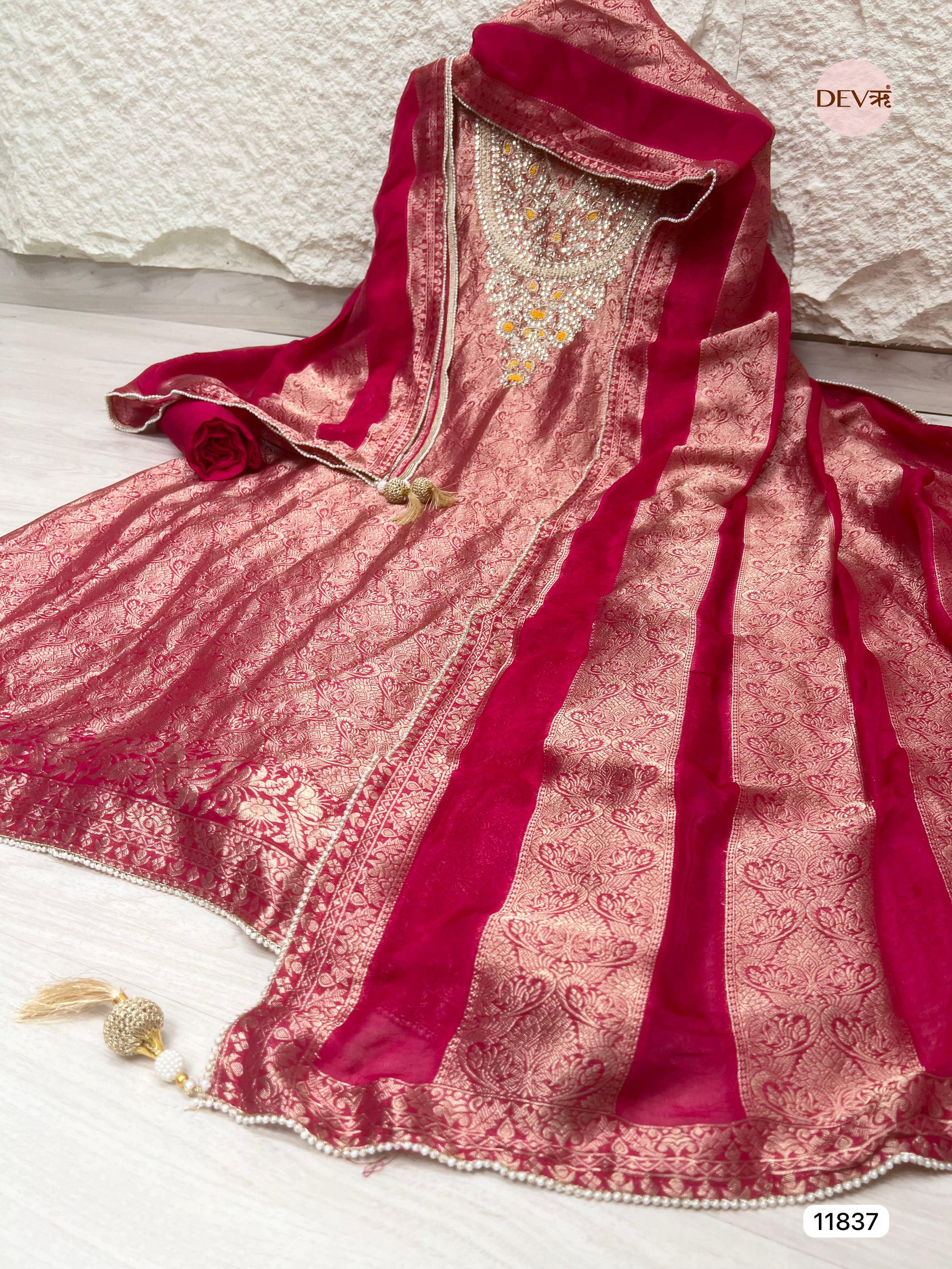 Red Pure Dola Silk Unstitched Banarasi Weave Hand Embroidered -Set Of 3- {11837}