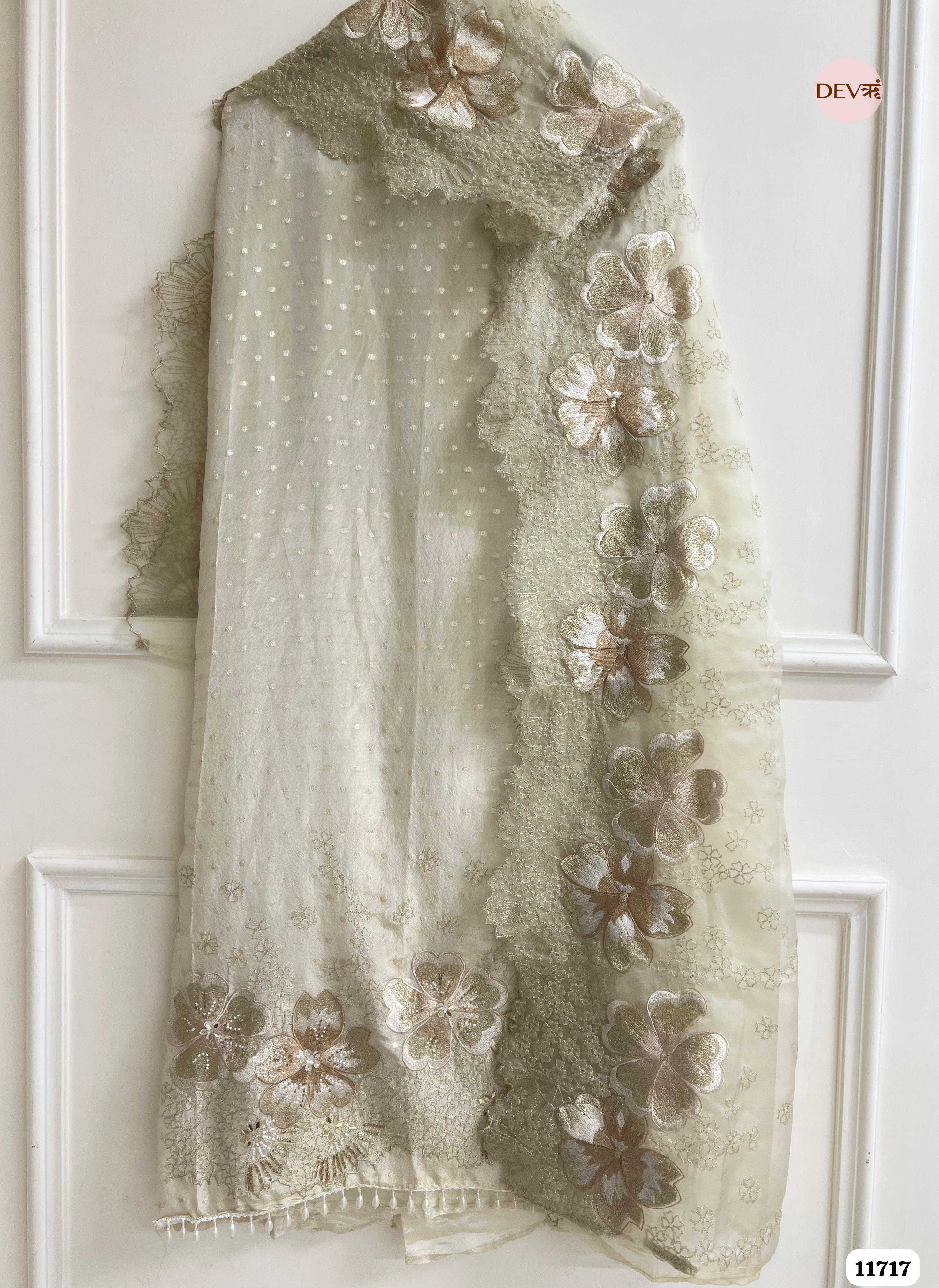 Off White Tissue Shimmer Silk Unstitched Embroidered -Set Of 3- {11717}