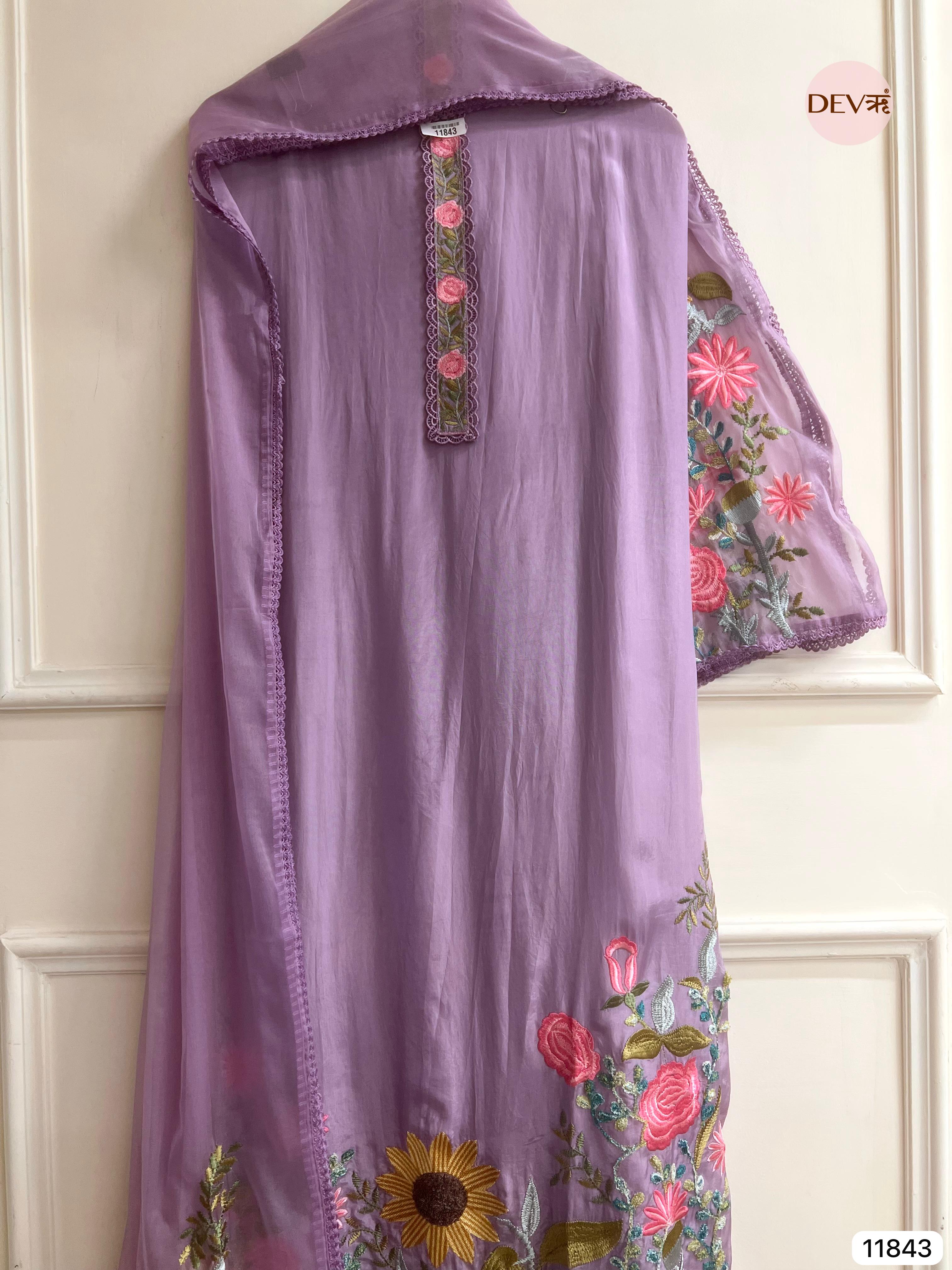 Purple Banarasi silk unstitched woven hand embroidered -Set Of 3- {11843}