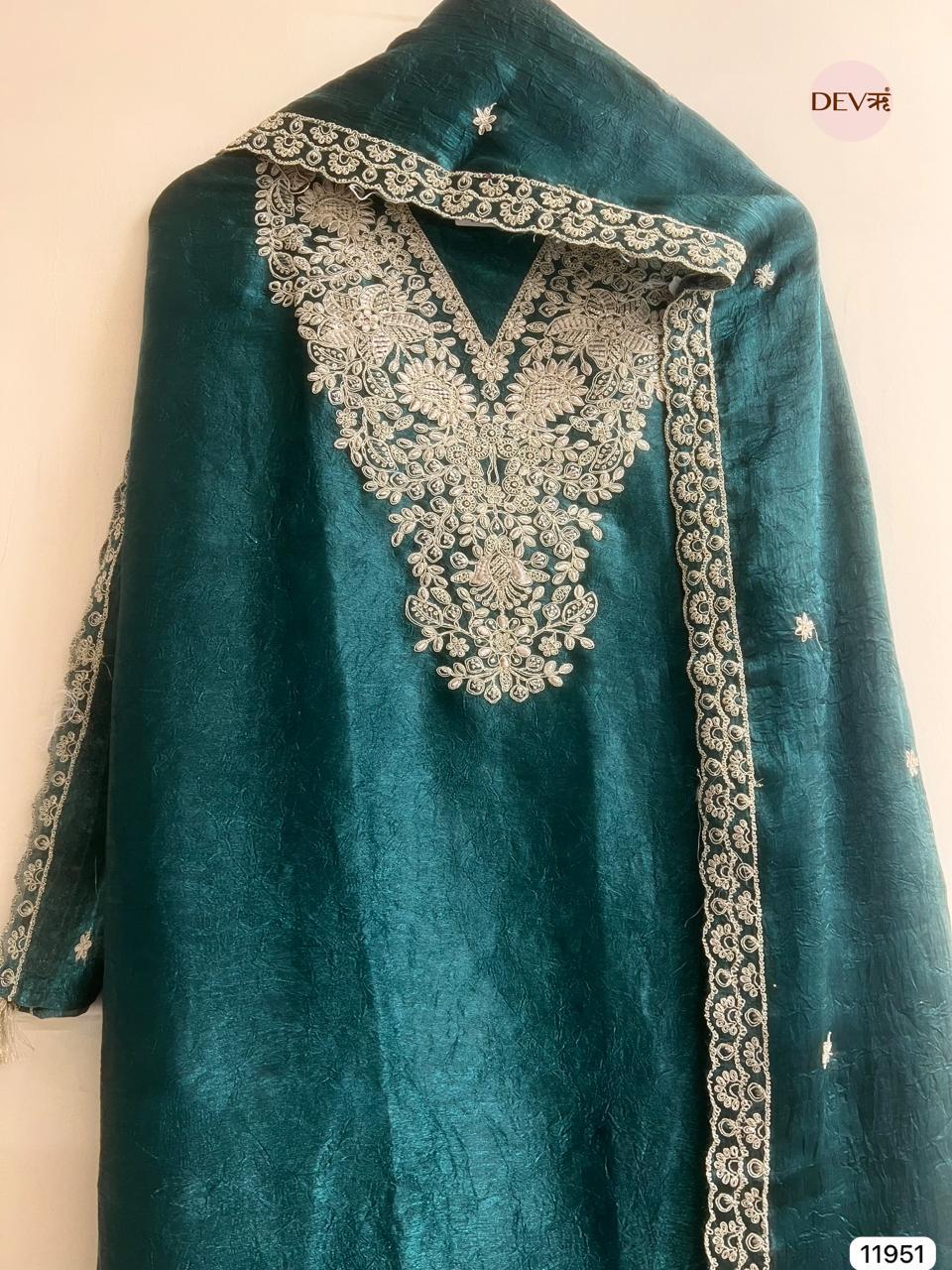 Teal Crush Tissue Embroidered Unstitched 3-Piece Suit (Devri – D.No 11951)