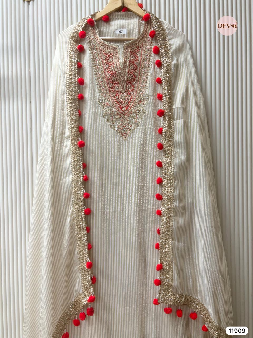 Cream Colour Tissue Shimmer Silk Unstitched Hand Embroidered -Set Of 3 - {11909}