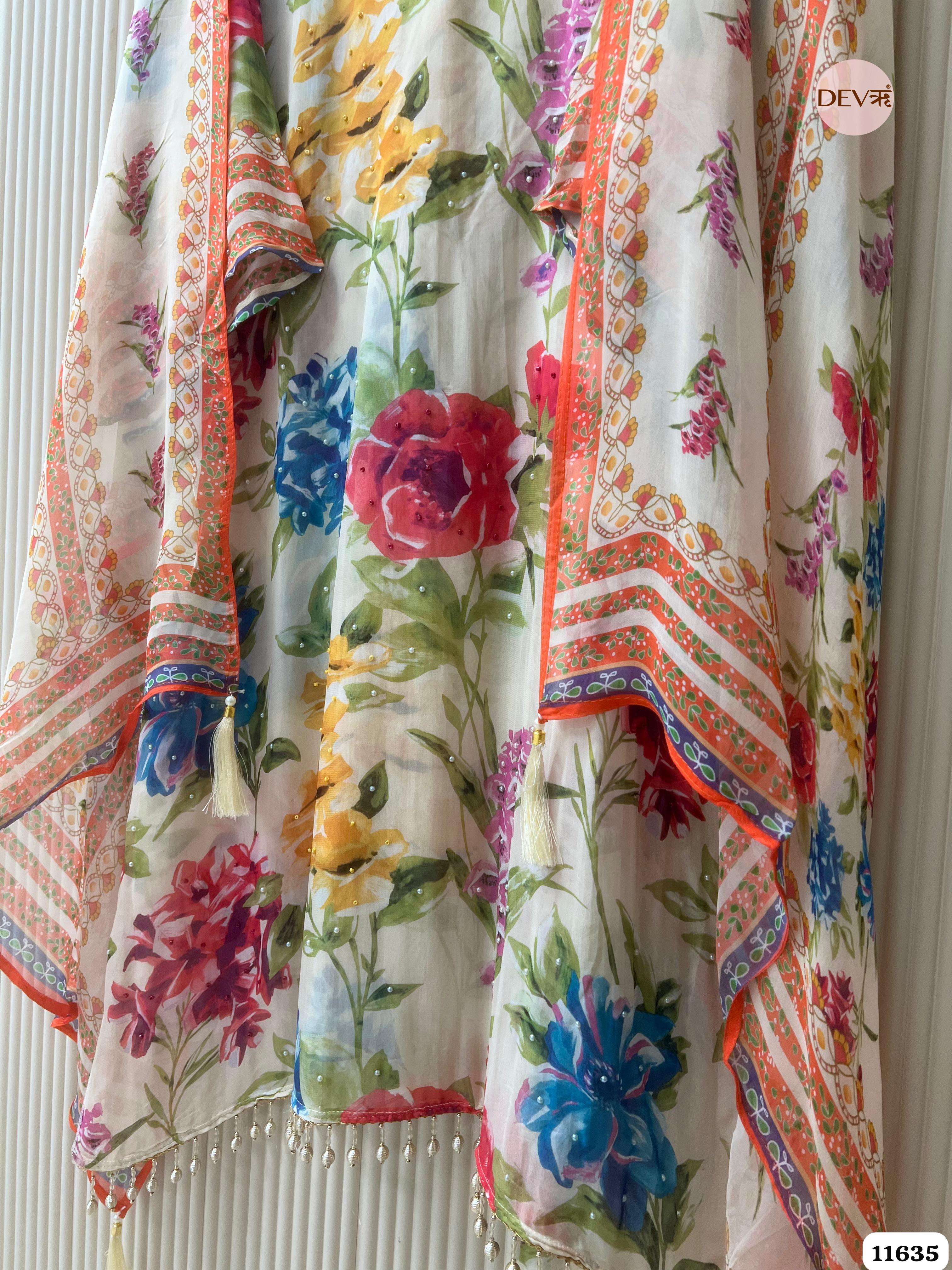 Off white Organza Printed Semi stitched Hand Embroidered -Set Of 3