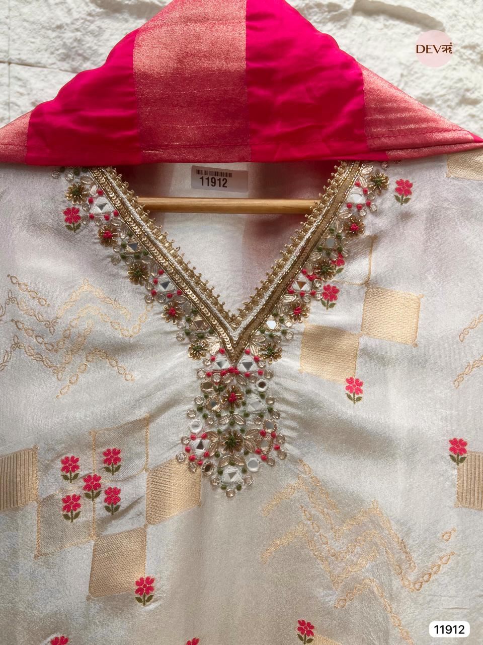 Off White Tissue Shimmer Silk Unstitched Banarasi Weave Hand Embroidered -Set Of 3 - {11912}