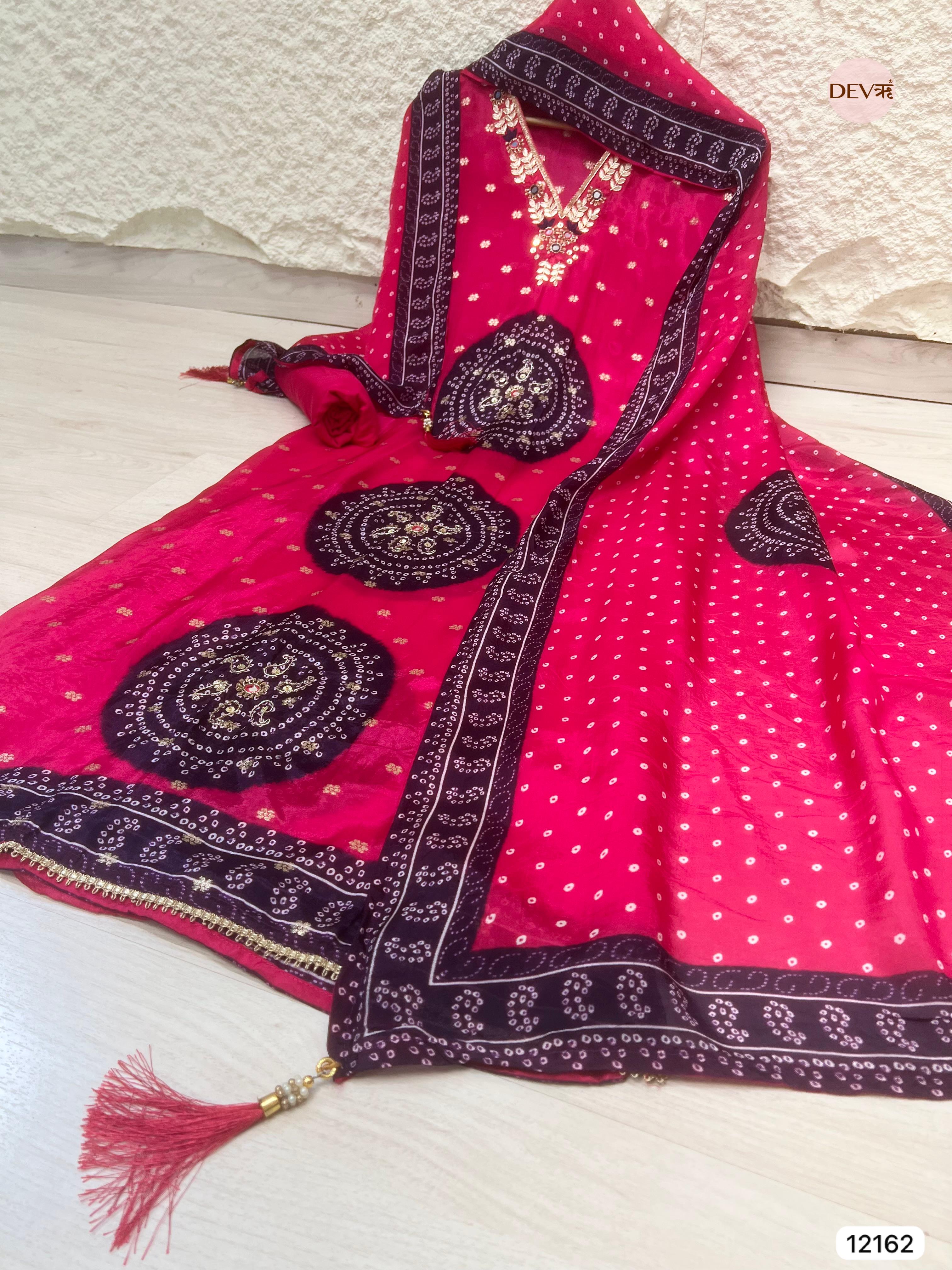 Pink Pure Shimmer Organza Silk Unstitched Banarasi Woven Bandhani Printed Hand Embroidered -Set Of 3 - {12162}