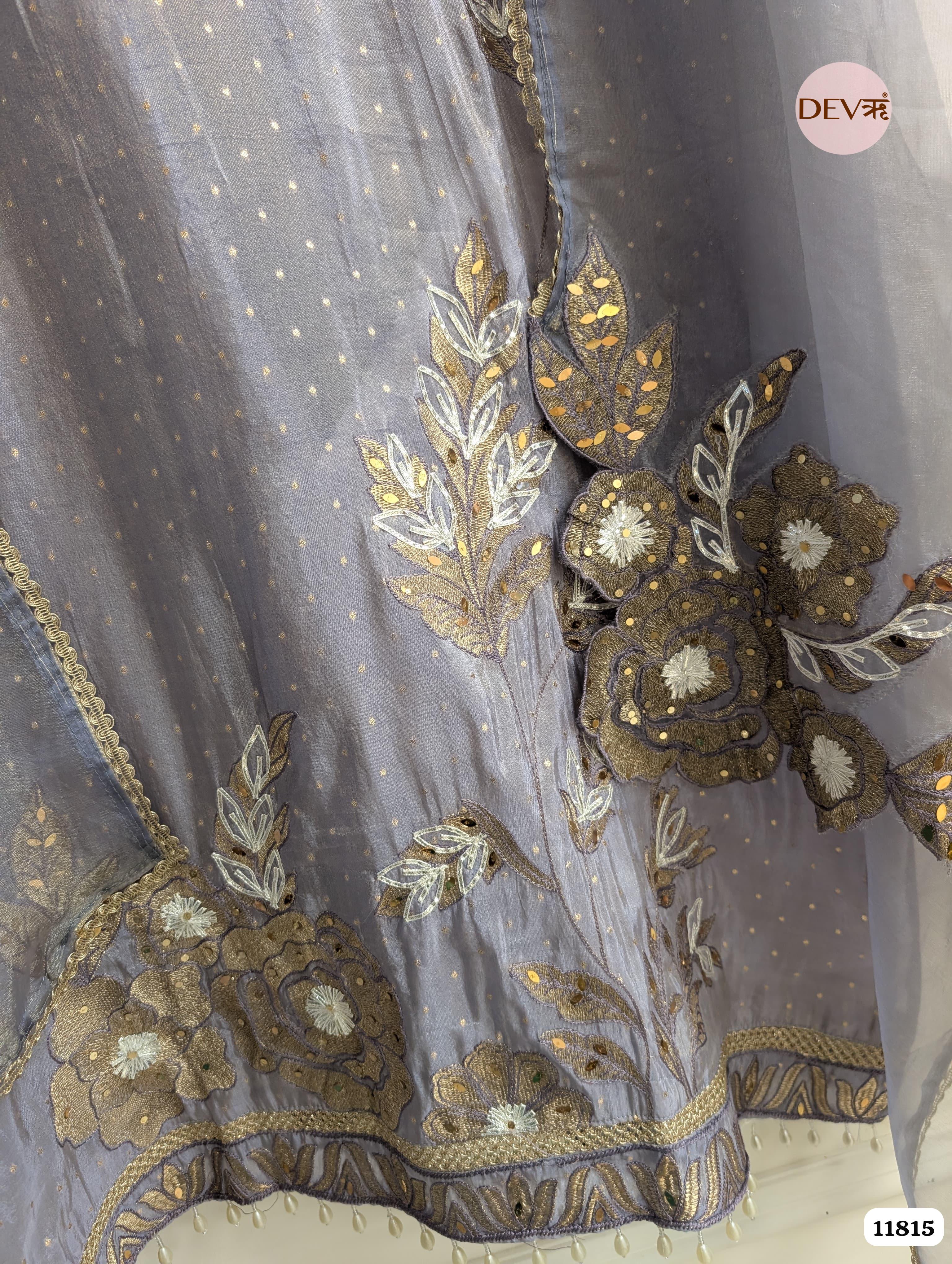 Grey Blue Tissue Silk Woven Unstitched Embroidered -Set Of 3 {11815}