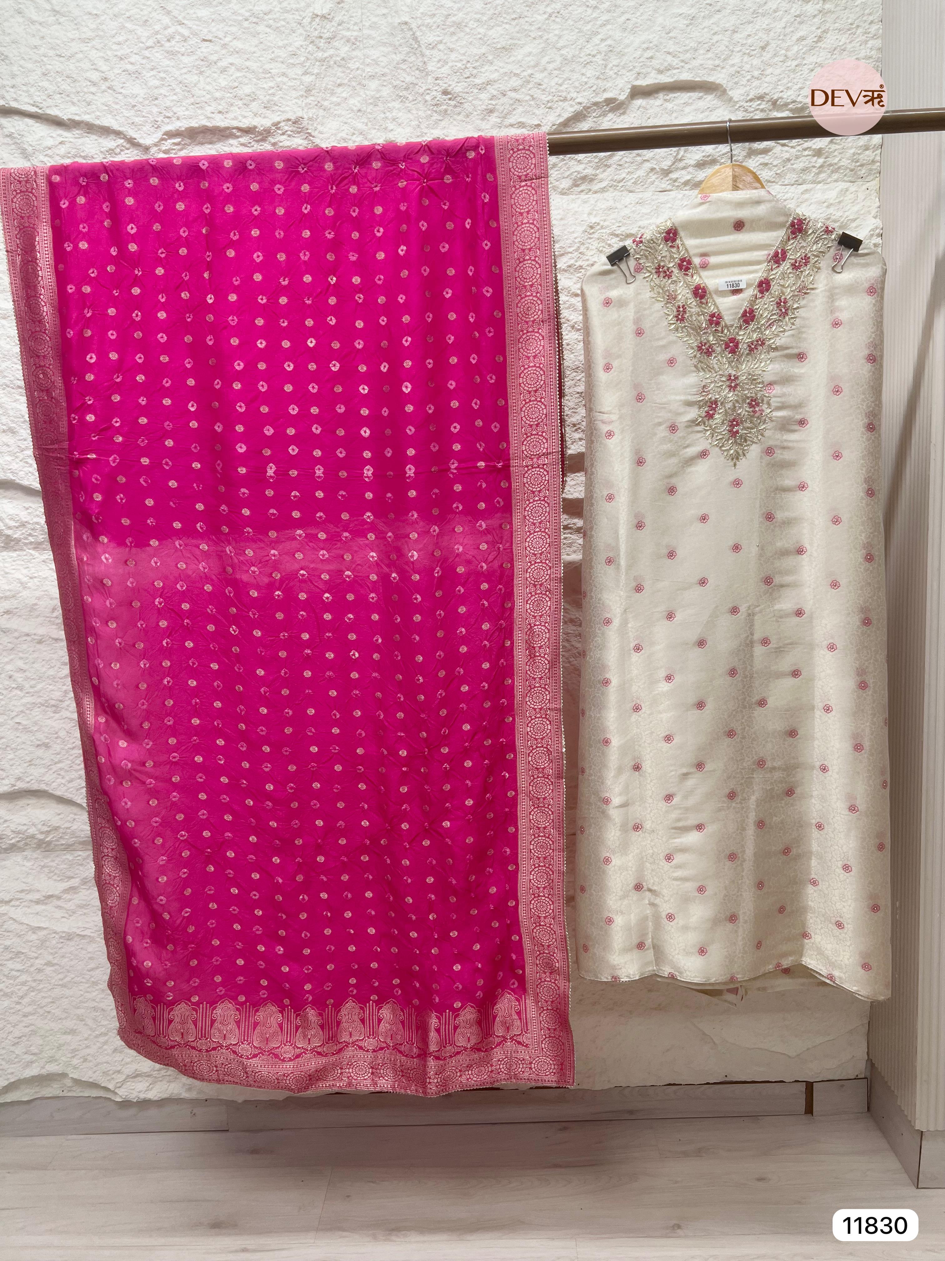 Off white Pure Tissue Shimmer Silk Unstitched Hand Embroidered -Set Of 3 - {11830}