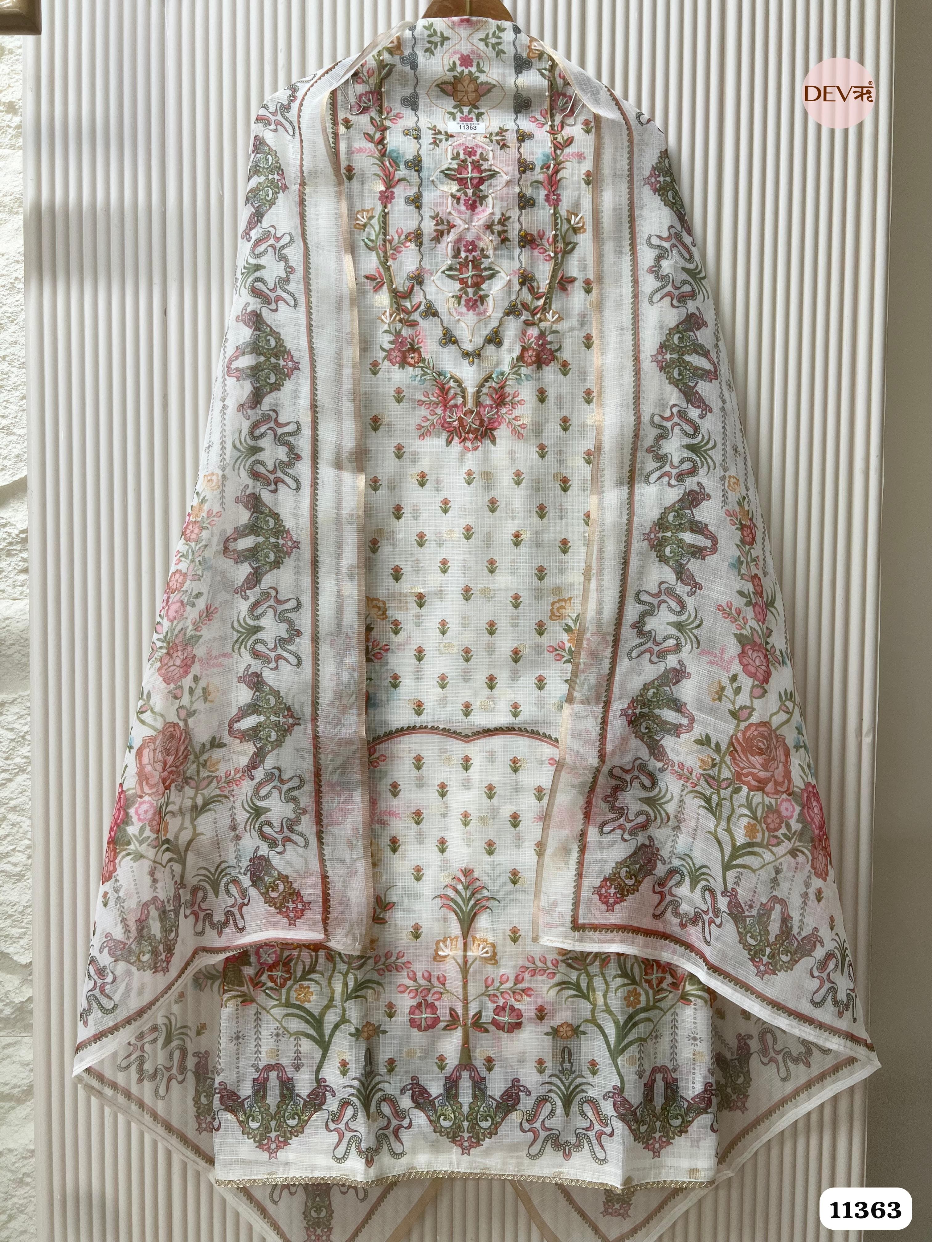 Off-White Or Cream Kota Silk Printed woven Unstitched Hand Embroidered -Set Of 3 {11363}