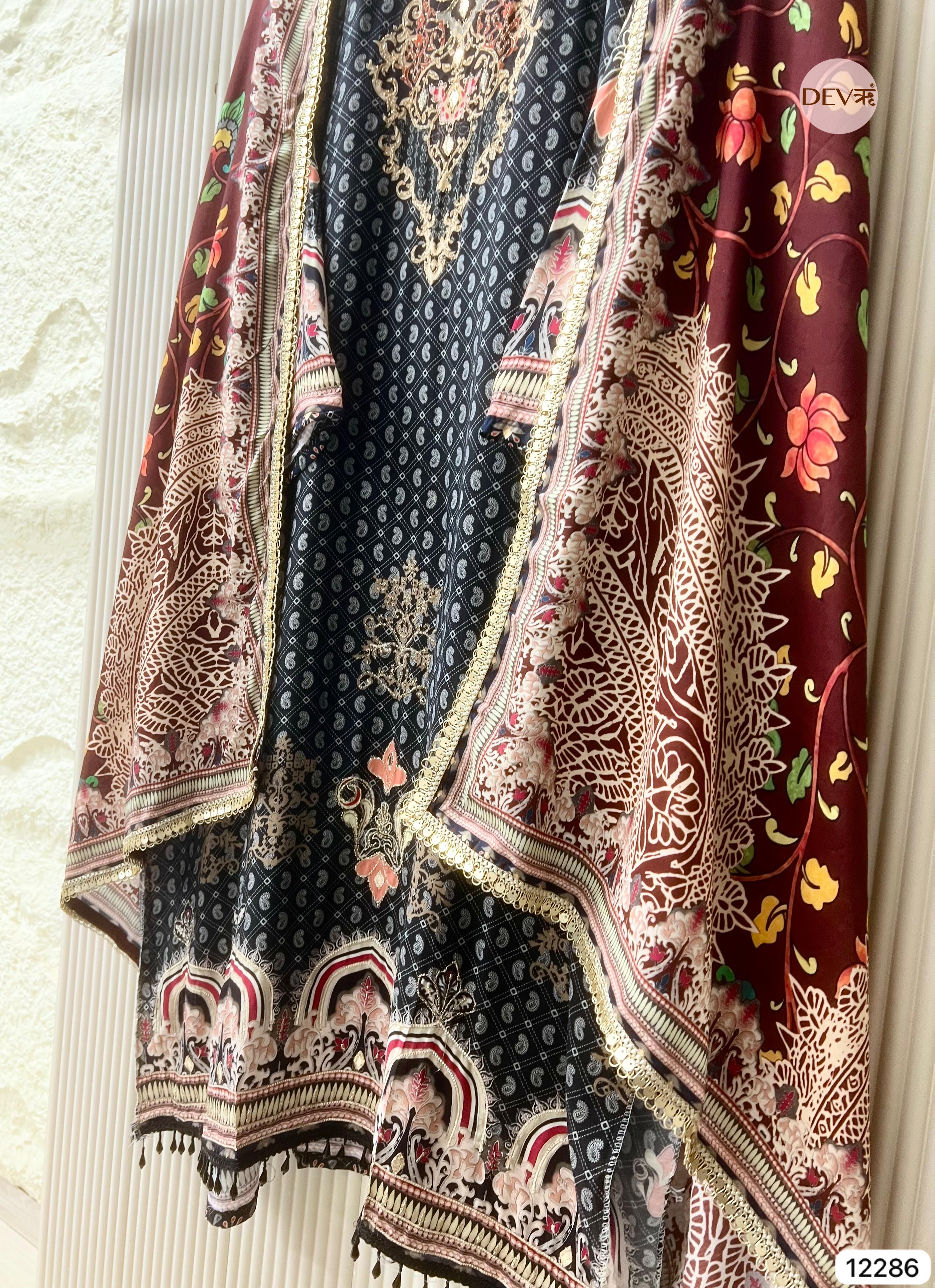 Black Muslin Printed Unstitched 3-Piece Suit (Devri – D.No 12286)